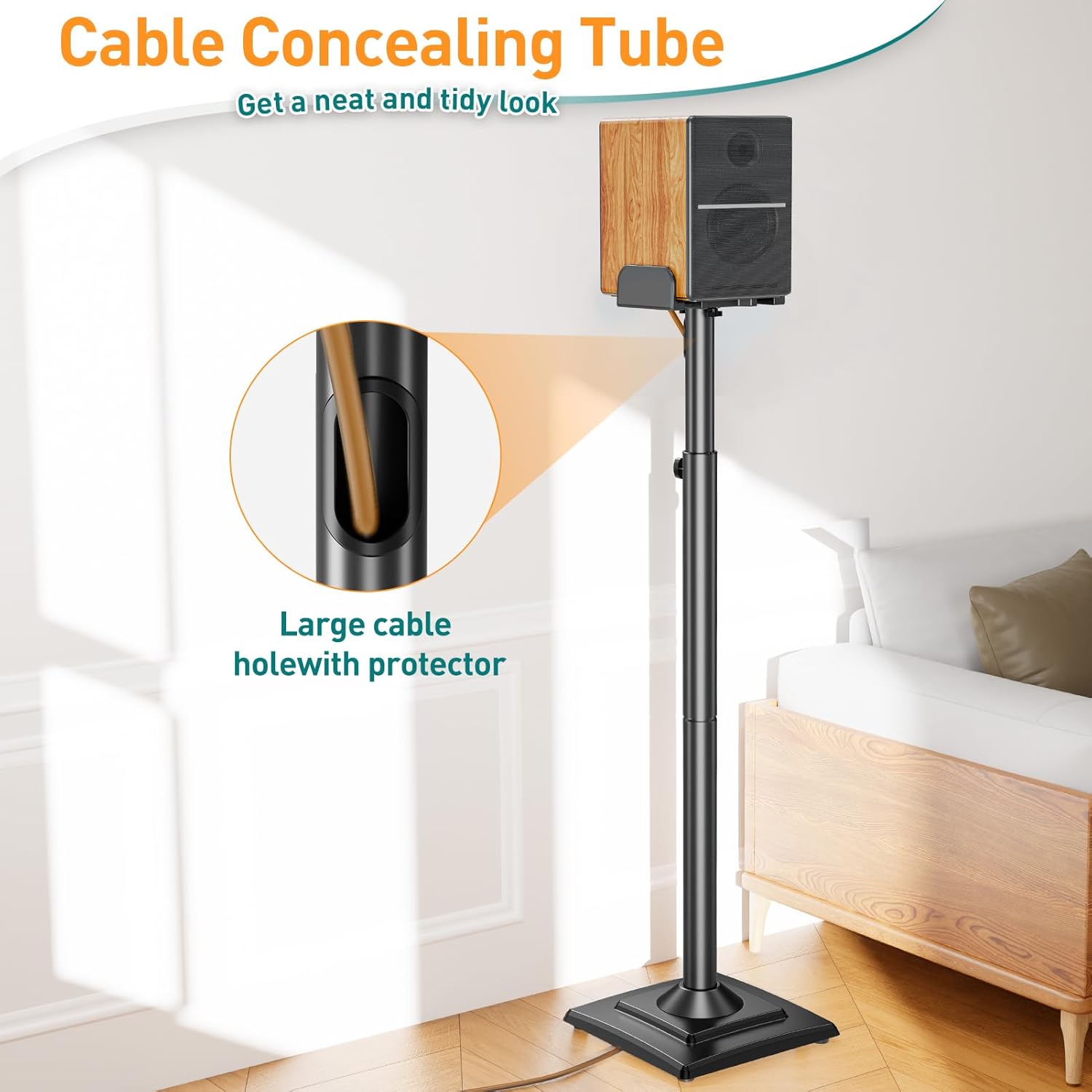 Detalle de ELIVED Adjustable Height Speaker Stands (EV5028) – 865–1100mm, 5kg, with Cable Management
