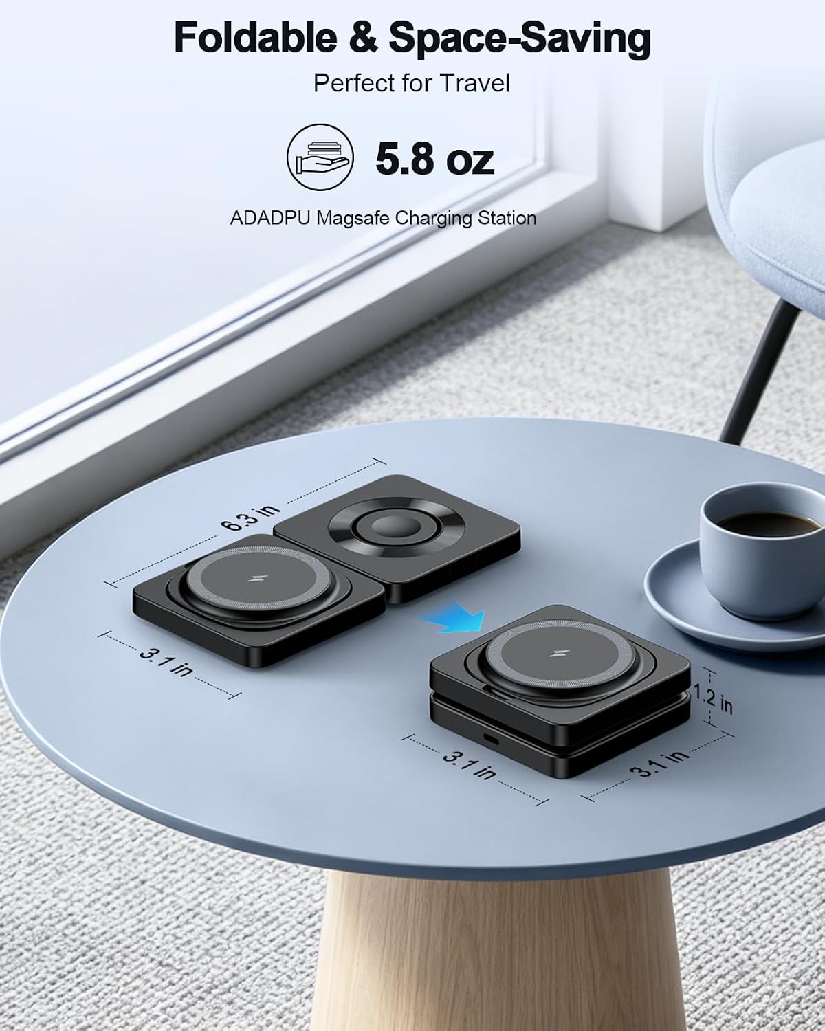 Detalle de ADADPU 3 in 1 Magnetic Wireless Charging Stand (20W Included) – Foldable Travel Dock for iPhone, Apple Watch and AirPods