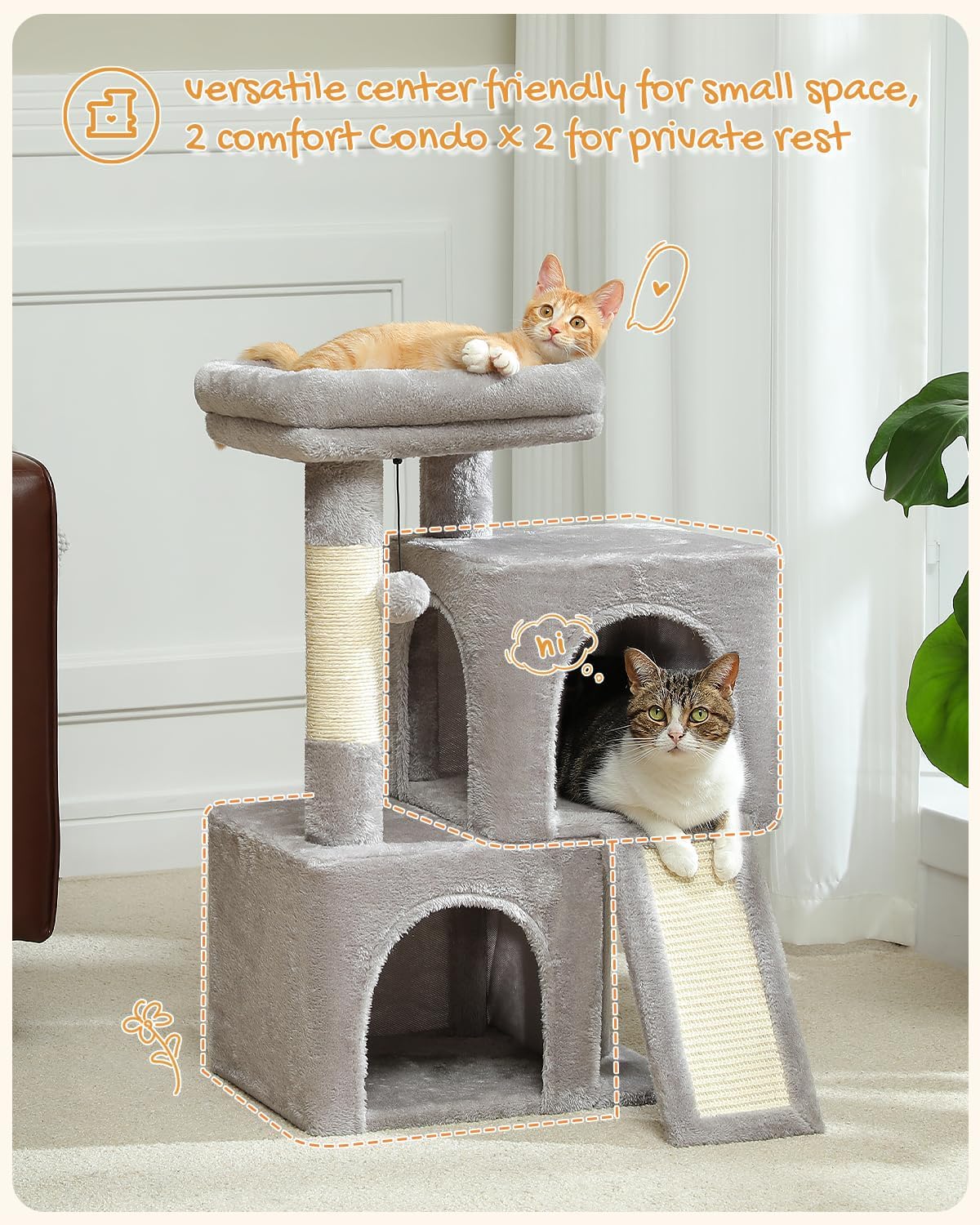 Detalle de PETEPELA Cat Tree 77cm with Dual Condos – Indoor Cat Tower with Removable Perch, Ramp and Scratching Posts (Grey)