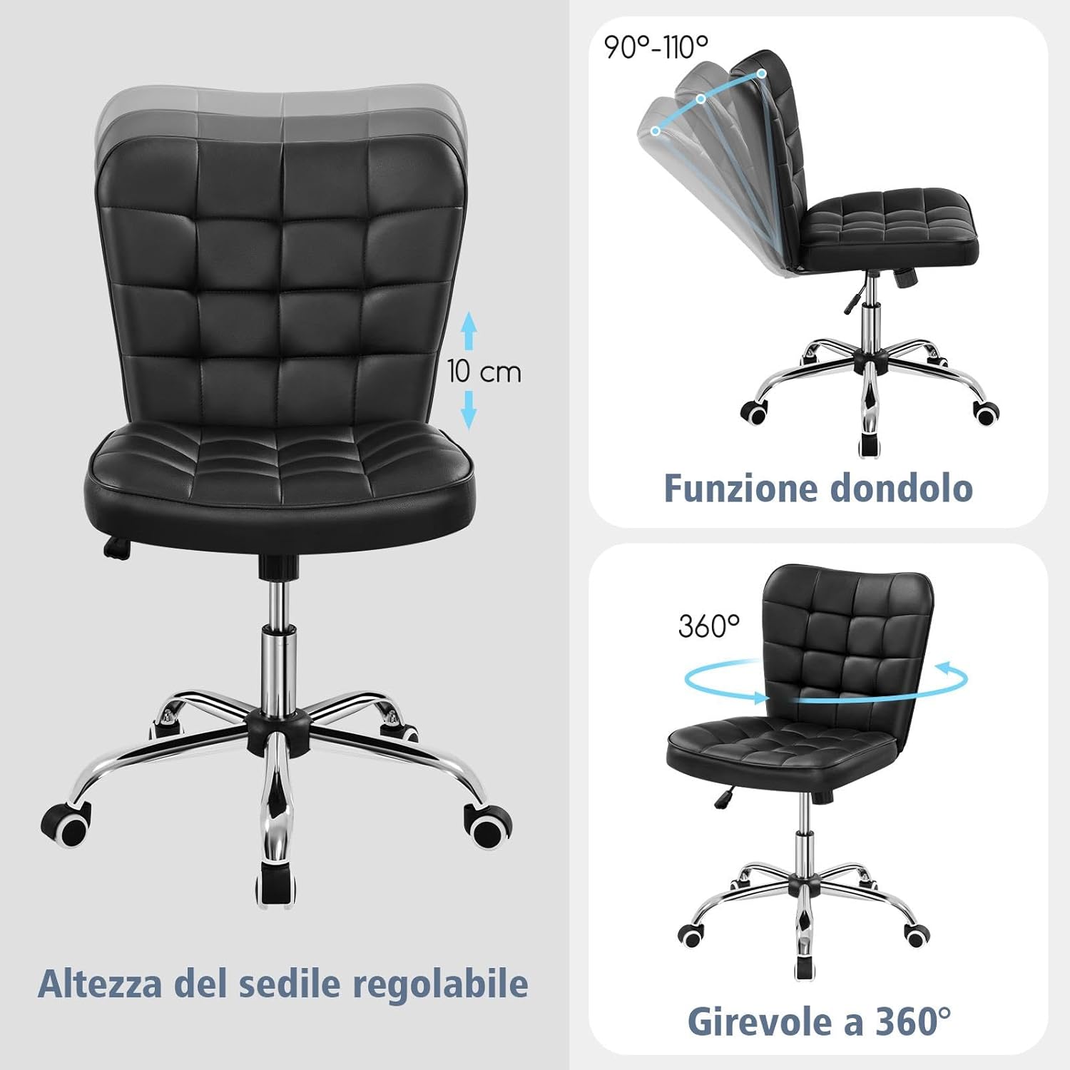 Detalle 2 de Yaheetech Srivania sedia ufficio ergonomica senza braccioli in ecopelle imbottita, girevole 360° e funzione dondolo, altezza regolabile fino a 136 kg