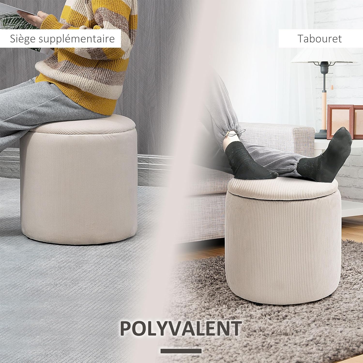 Thumbnail 6 de HOMCOM Lot de 2 poufs tabourets avec coffre de rangement en tissu effet velours côtelé (crème)