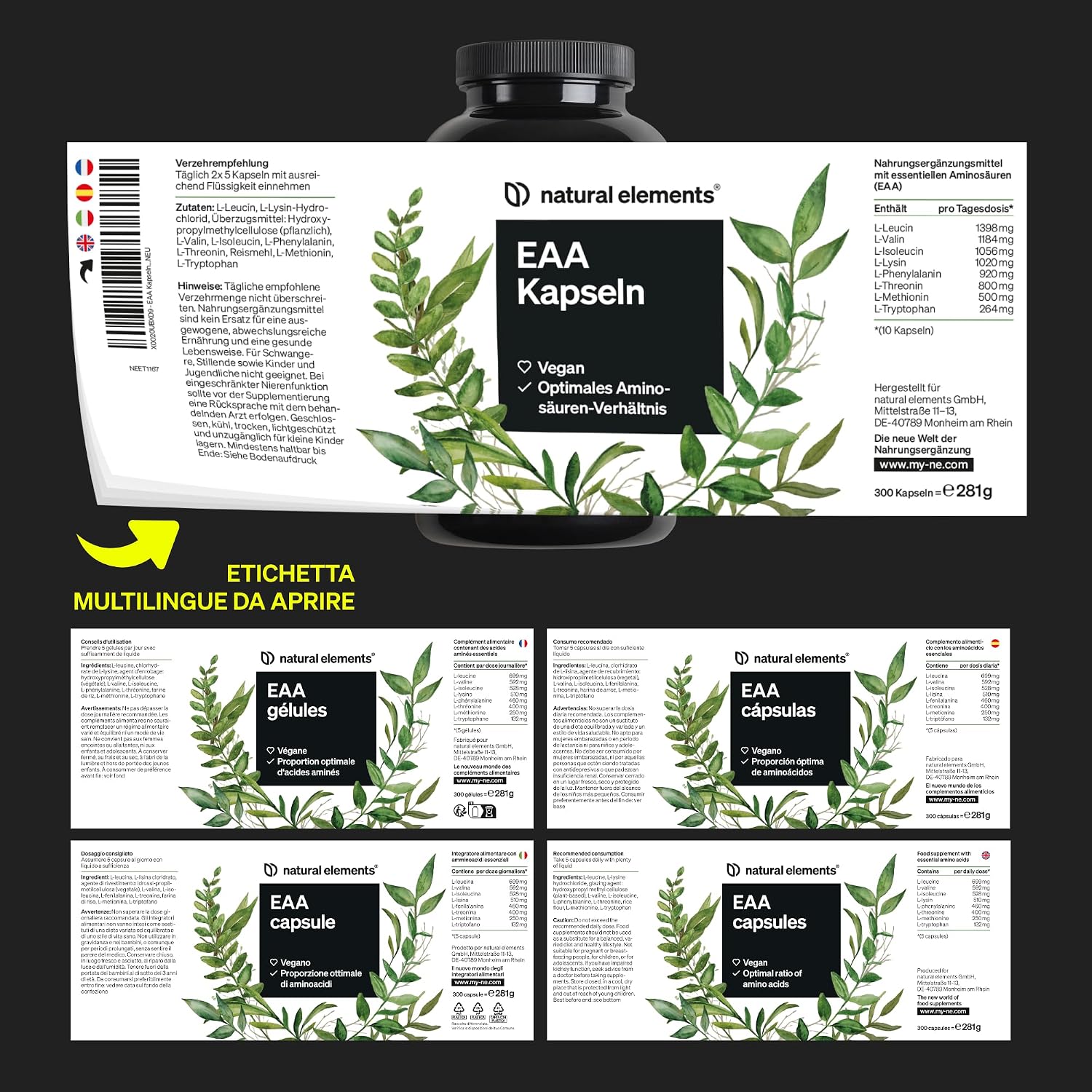 Thumbnail 5 de Capsule EAA ad alto dosaggio Natural Elements – 300 capsule (vegane, senza additivi inutili)
