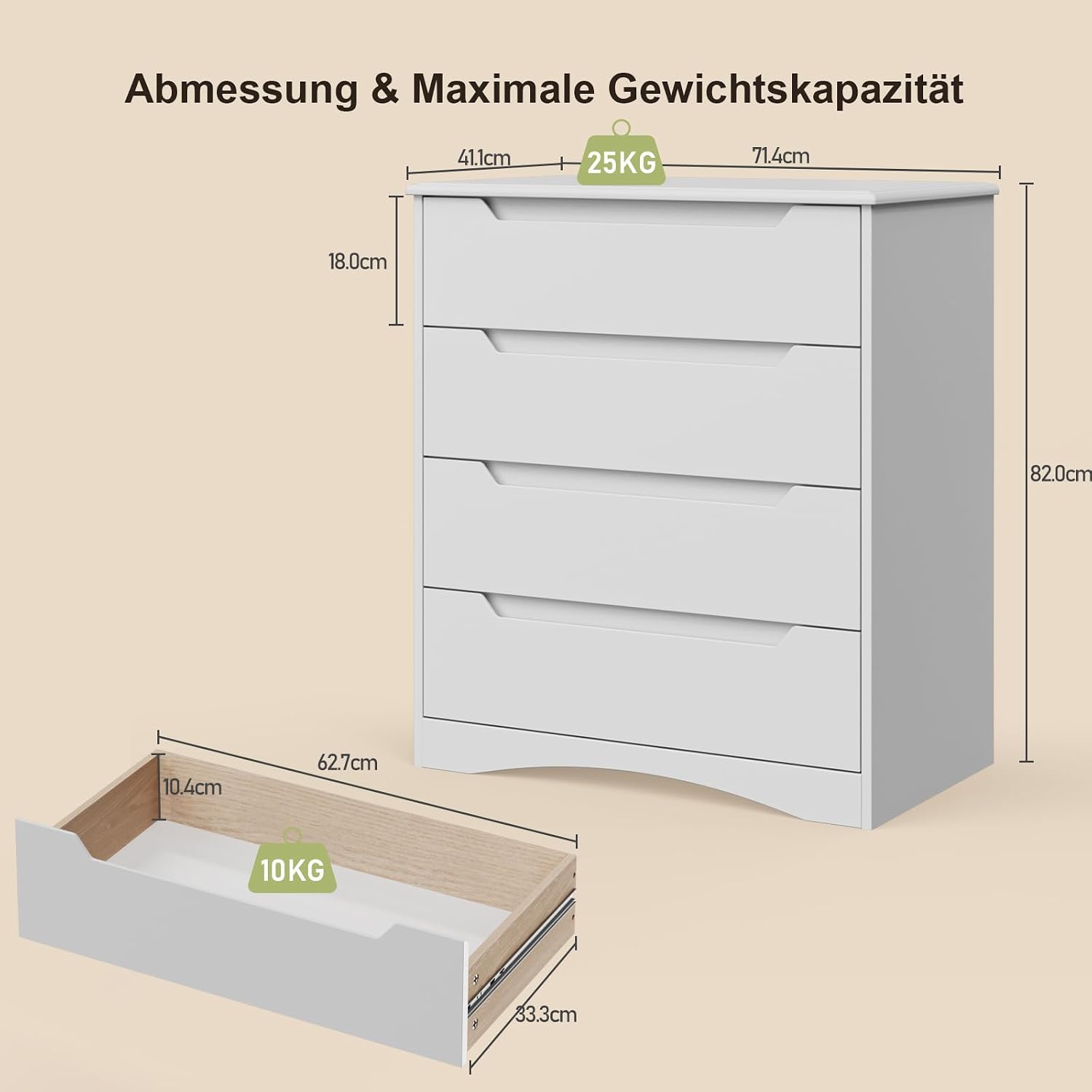 Detalle de Bealife AP22-EU commode met 4 laden, witte MDF-kast met kantelbeveiliging