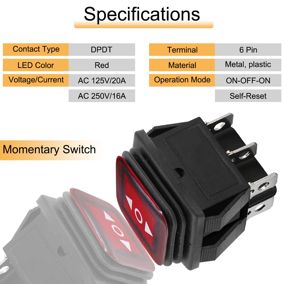 Thumbnail 1 de HAAMNING7 Rocker Switch Momentary 6 Pin DPDT ON-Off-ON 12V 10A with LED (2-Pack)