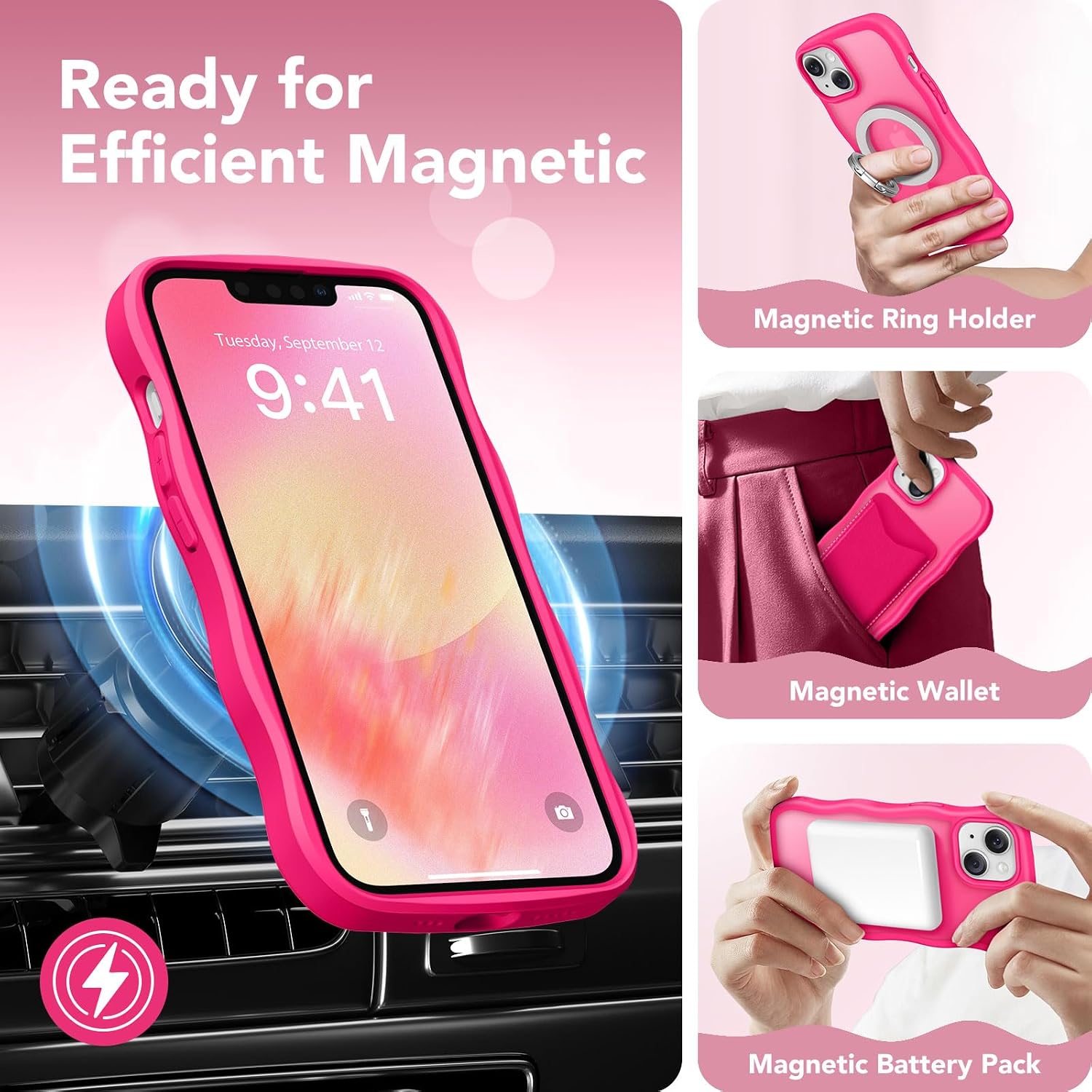 Detalle de CAPRARO Cute for iPhone 13/14 Case with MagSafe, Curly Wave Edge, and 14 ft Drop Protection in Hot Pink