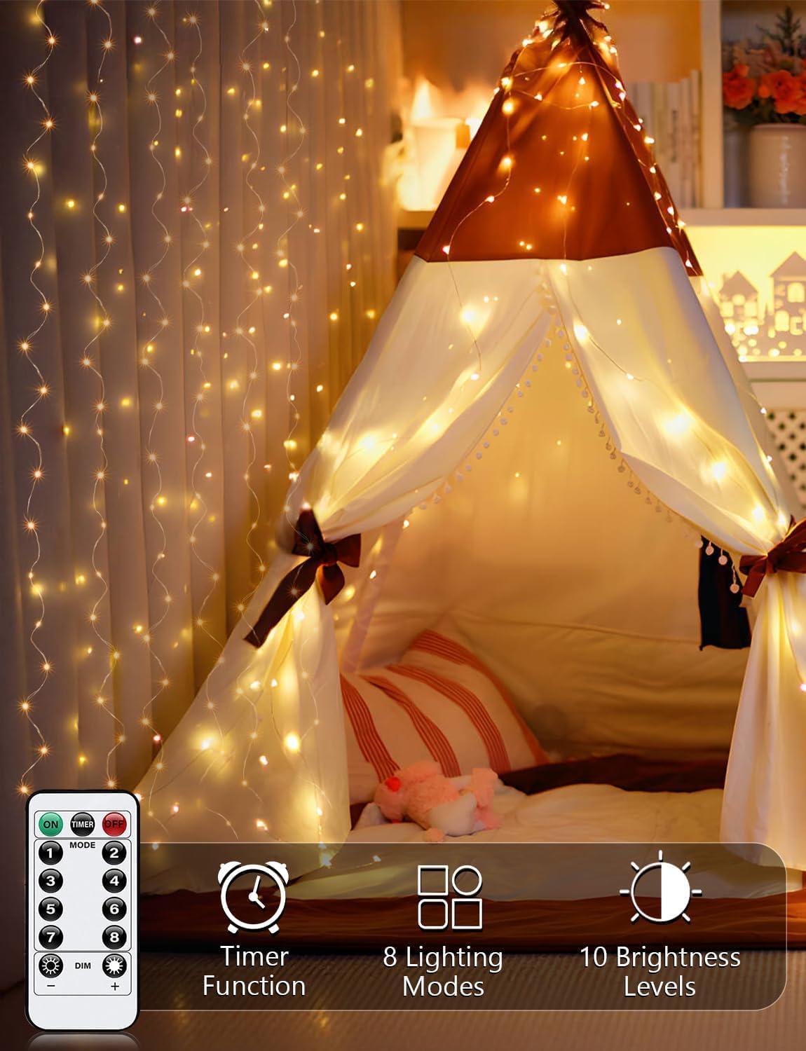 Detalle 2 de ANJAYLIA AN-WC 300-LED Warm White Curtain Lights, 8 Modes