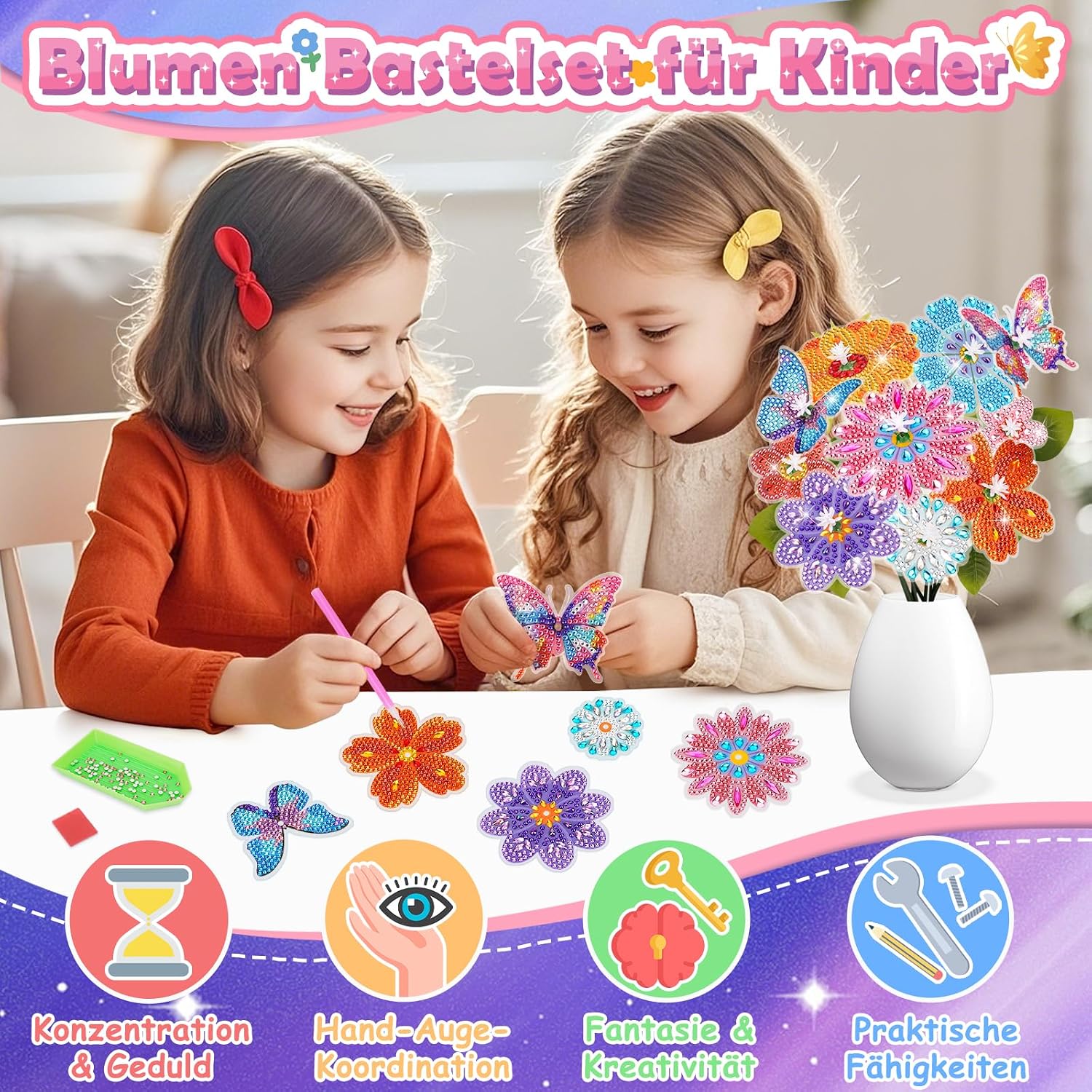 Thumbnail 1 de Blumen Basteln Mädchen Diamond Painting Set (Blumenstrauß) – Bastelkoffer mit Diamanten und Zubehör