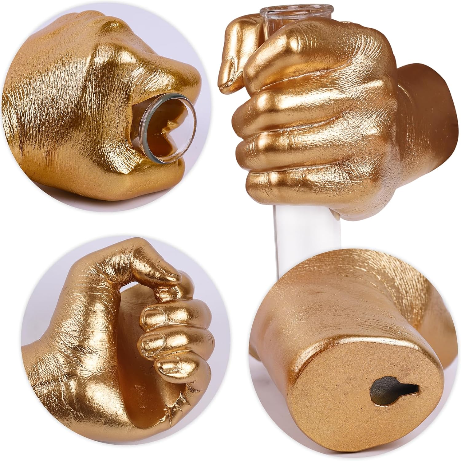 Detalle 1 de XYQXYQ gouden wandsculptuur in handvorm met reageerbuisvaas
