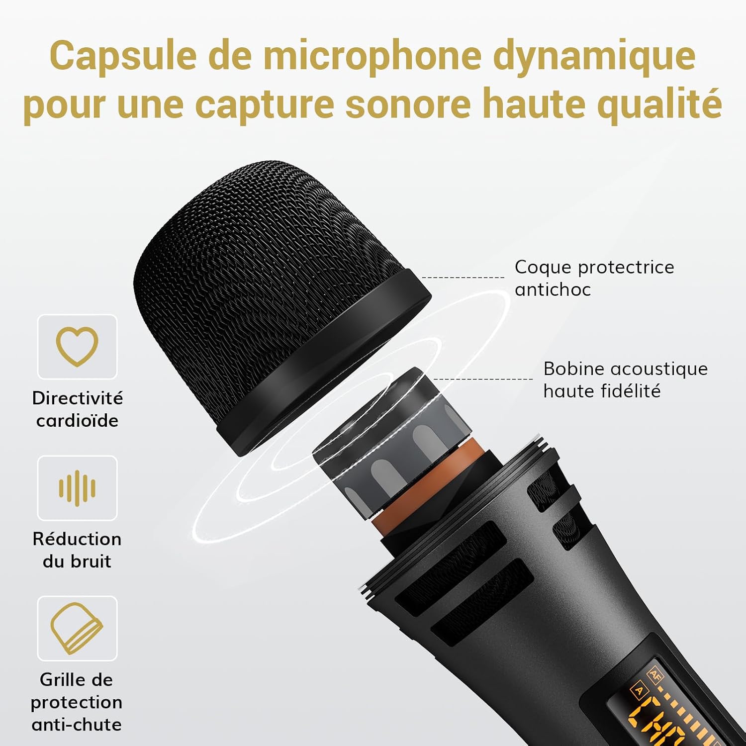 Detalle de TONOR TW310 draadloze UHF-handmicrofoon met oplaadbare ontvanger, 15 kanalen, grijs