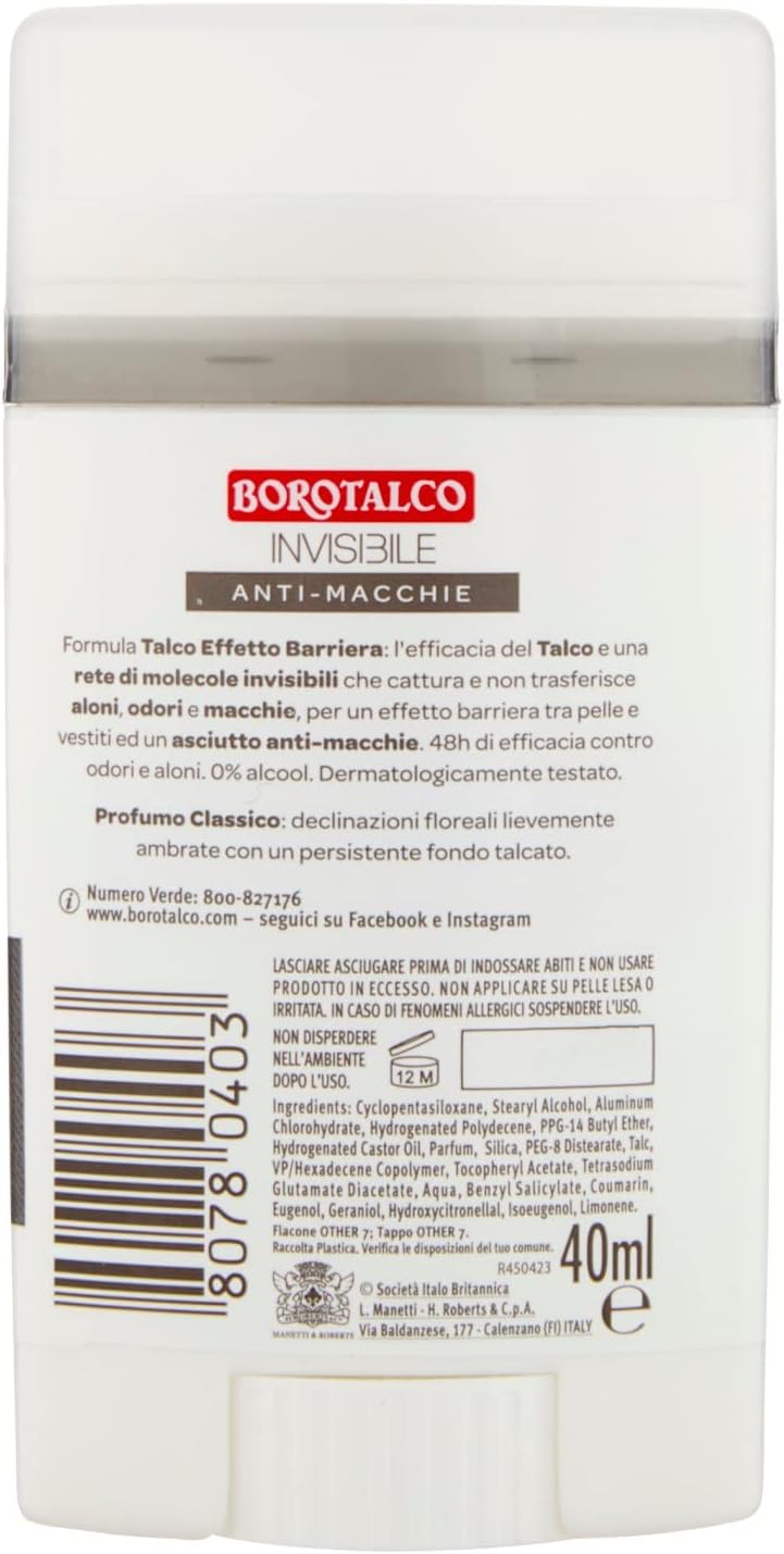 Detalle de Borotalco Deodorante Stick Invisibile Grigio – 40 ml, Formula Senza Alcool con Talco Effetto Barriera
