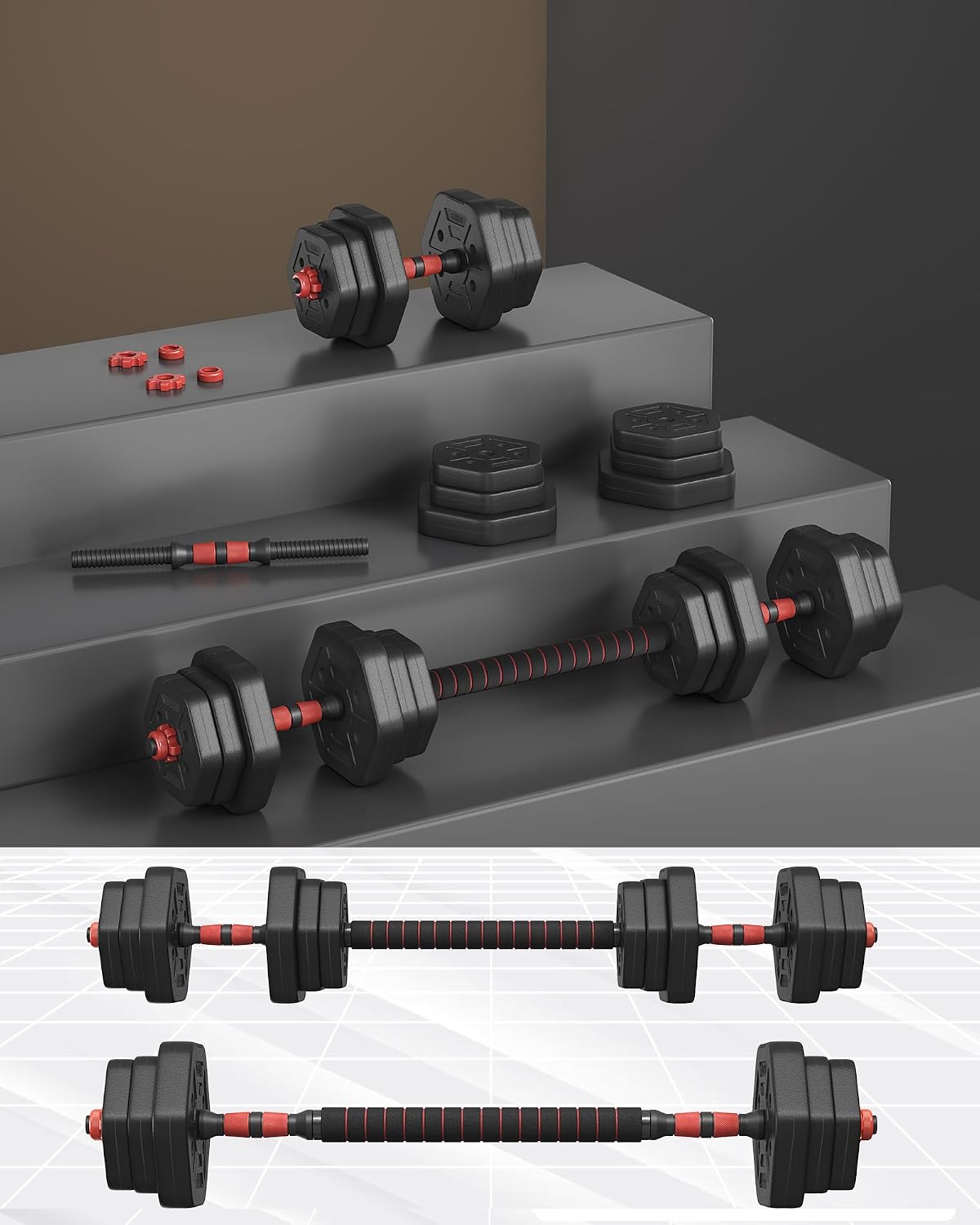 Detalle 2 de SONGMICS SYL200B01 hantelset 20 kg med kopplingsstång och hexform