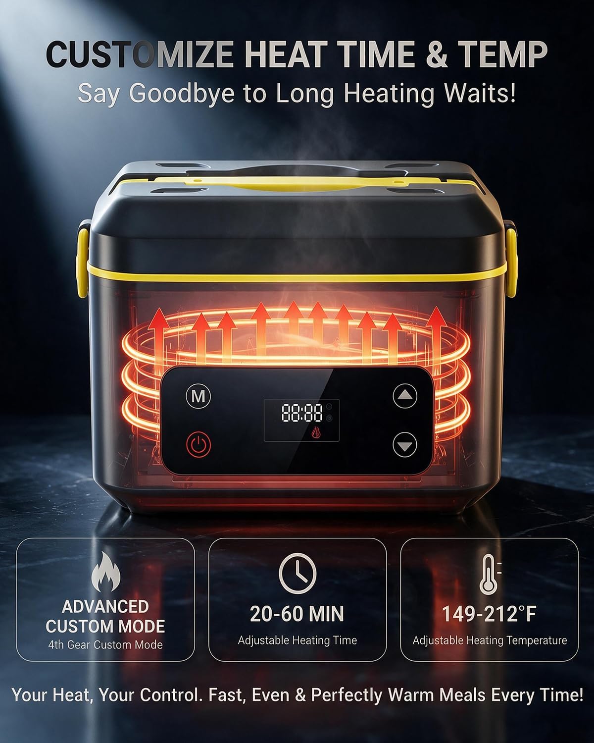 Detalle de RUDAP Cordless Electric Lunch Box (24000mAh) – 1.2L Portable Food Warmer with 5 Heating Modes