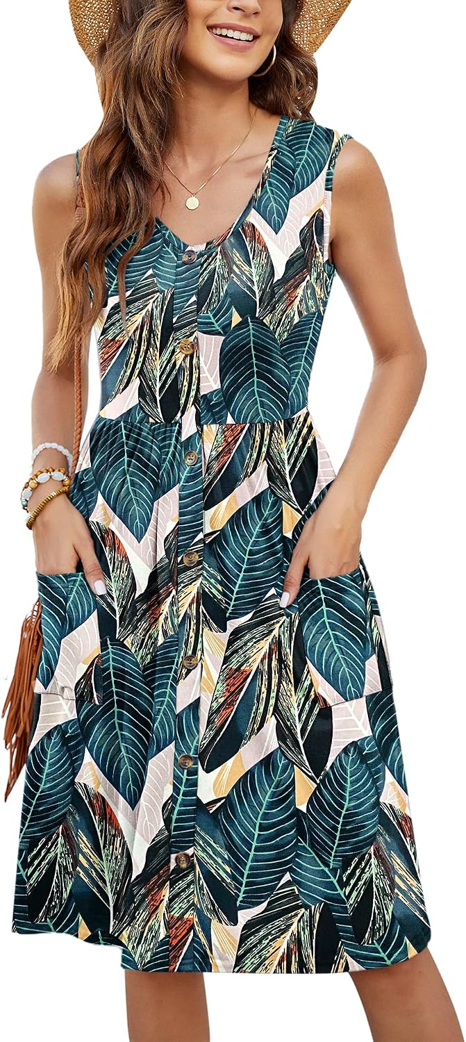 Detalle de MOLERANI Damen Sommerkleid Ärmellos – Midikleid mit Taschen, V-Ausschnitt, lockerem Swing-Look
