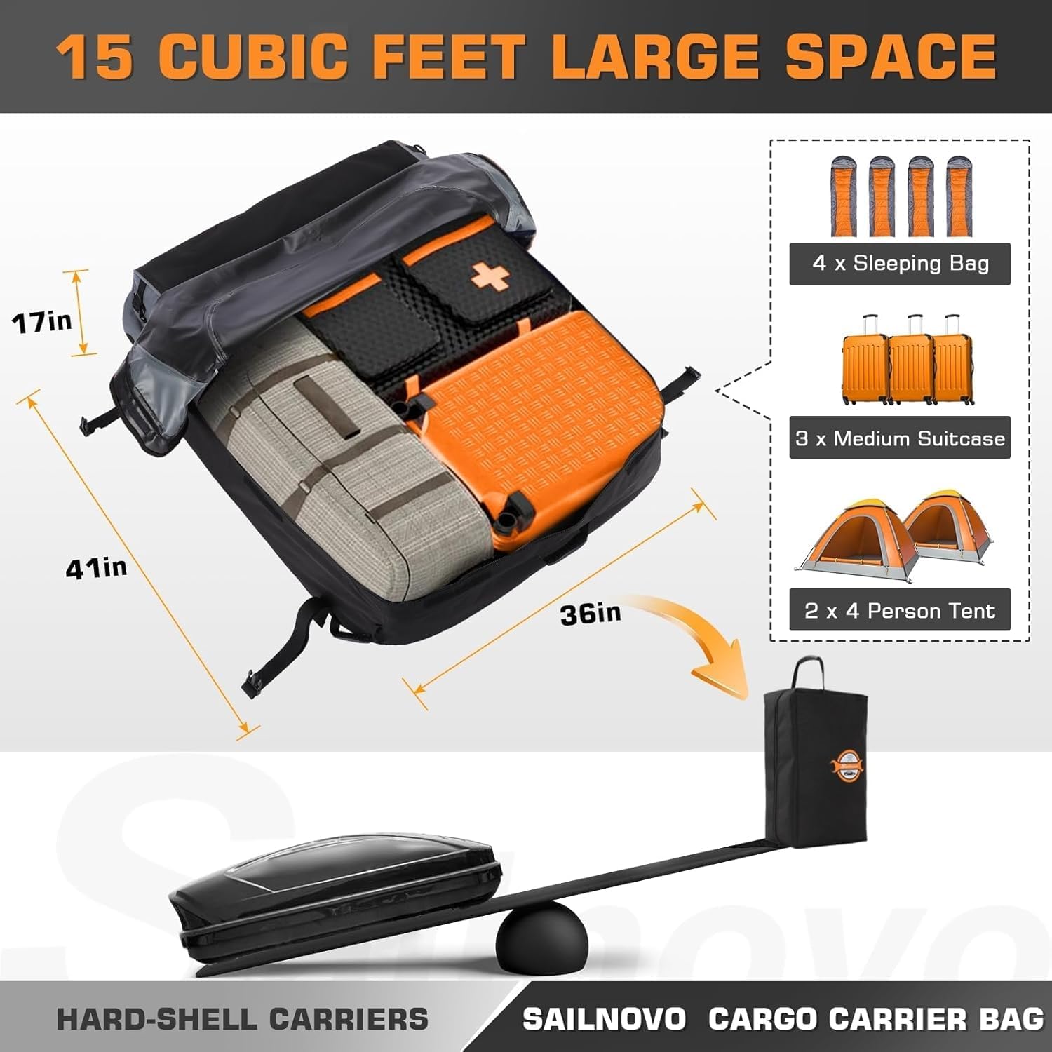 Detalle de Sailnovo Car Roof Bag 15 Cubic Feet foldable soft roof box with reinforced straps and door hooks