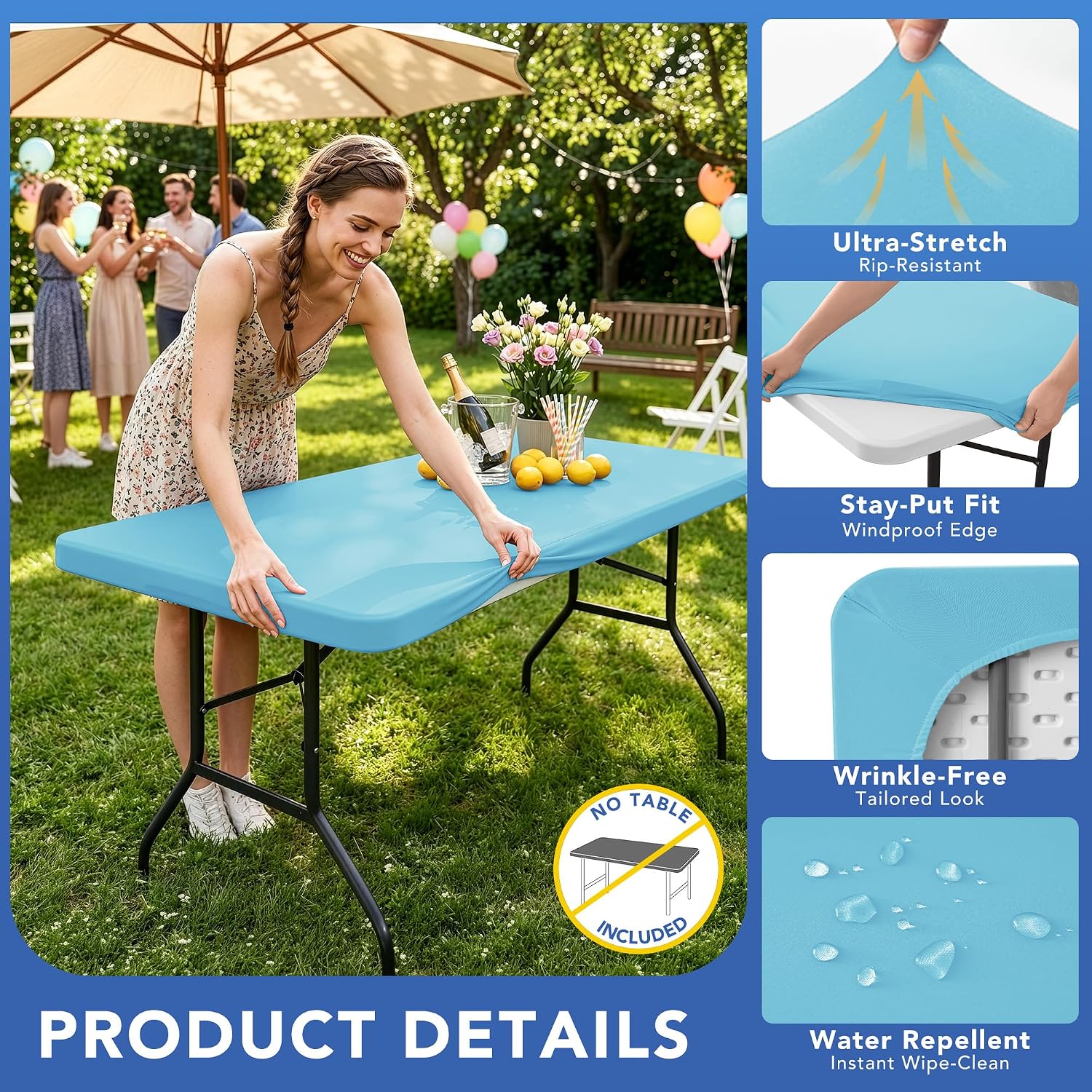 Detalle de Enjoyidea 6-Foot Spandex Table Covers (6-Pack) — Light Blue, Elastic Fitted Rectangular Tablecloths