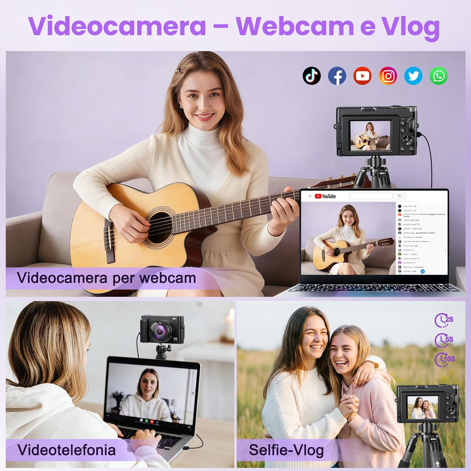 Thumbnail 5 de Fotocamera Digitale 4K 64MP WiFi 16X Zoom con Schermo Girevole 180° – Kit Completo per Vlog e Selfie