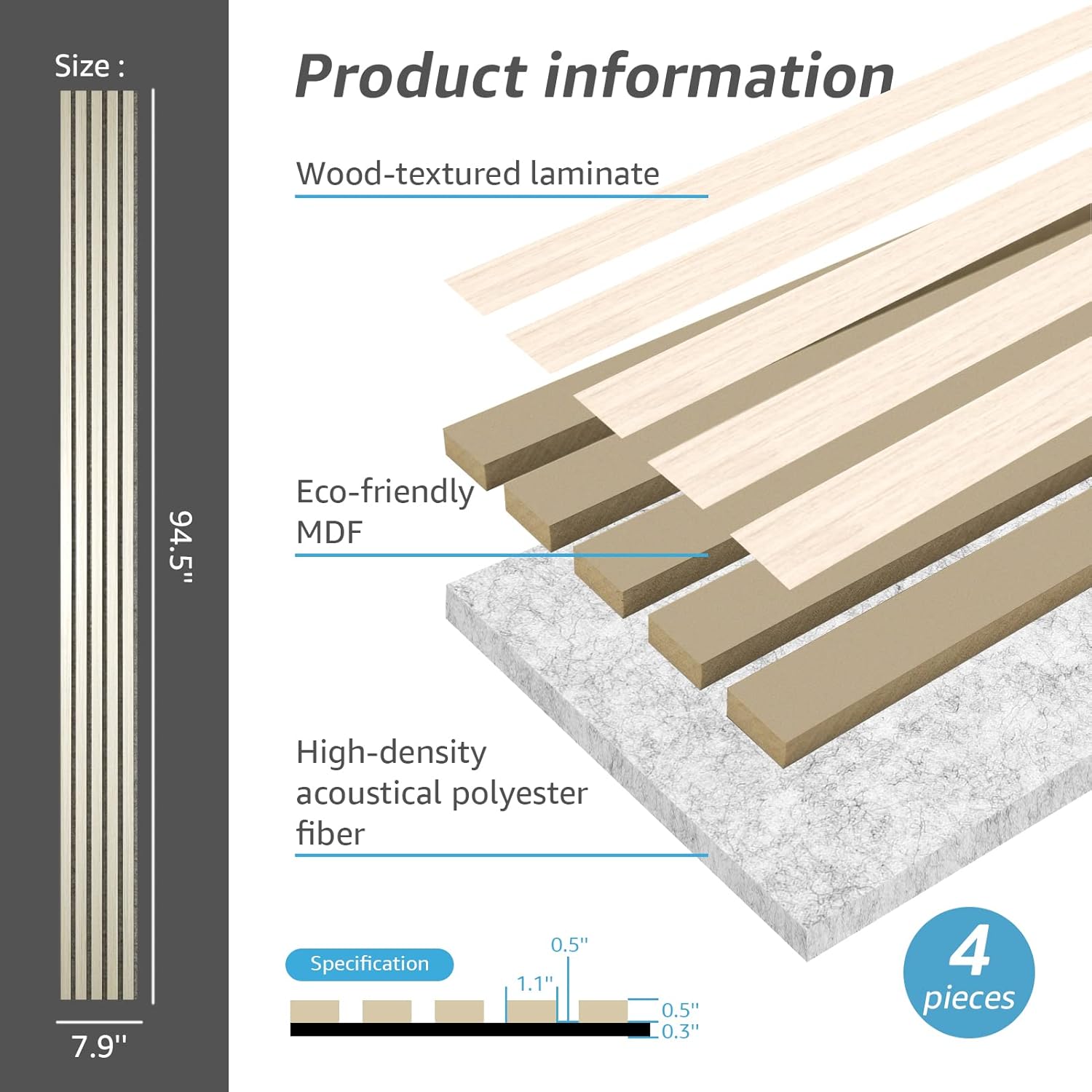 Detalle 2 de Art3d A31002 Wood Slat Wall Panels, White Elm, 94.5 x 7.9 Inch, 4-Pack