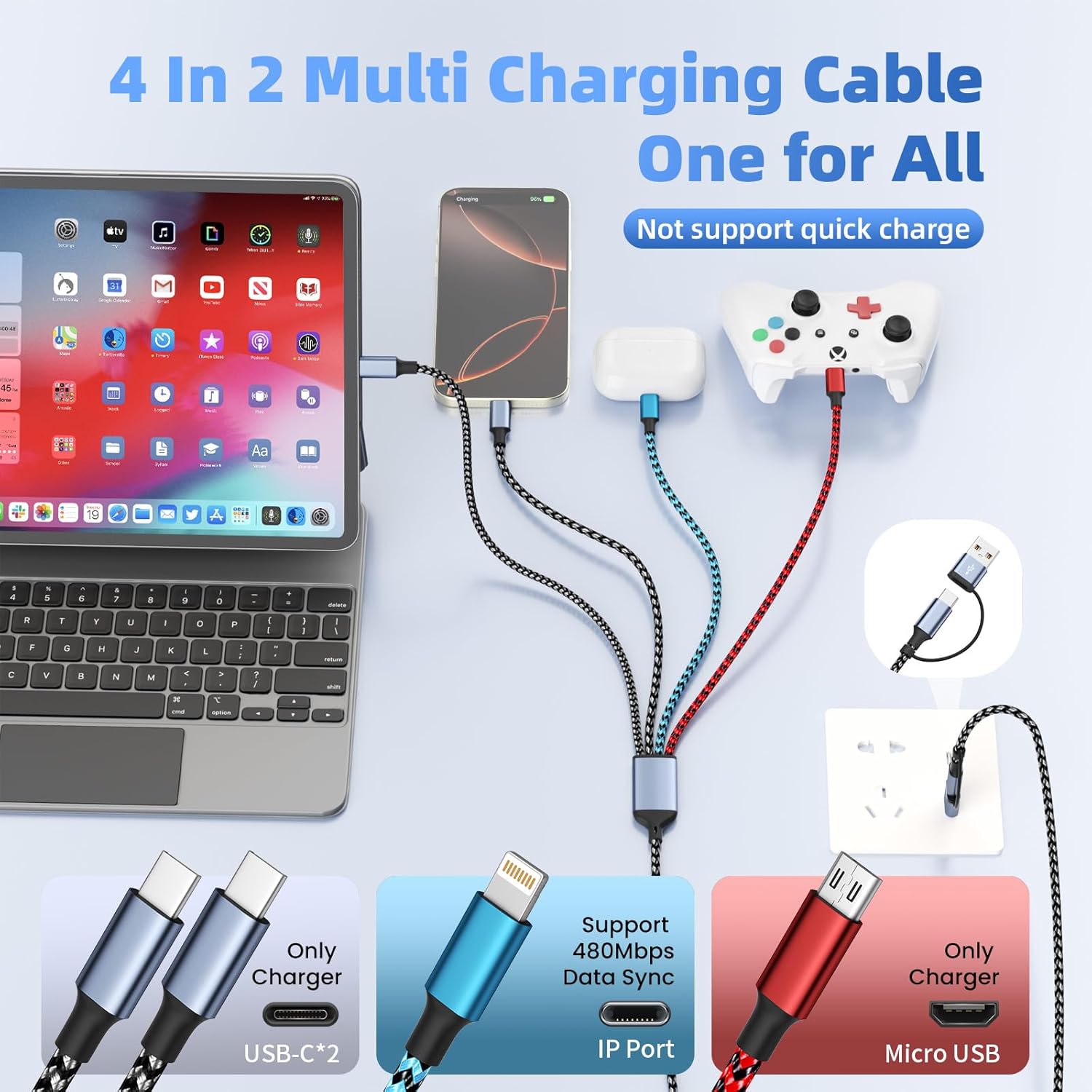 Detalle de 4 in 2 Multi Charging Cable with Dual Type-C Port – 5FT USB A/C Charger for iPhone, Android, Tablets