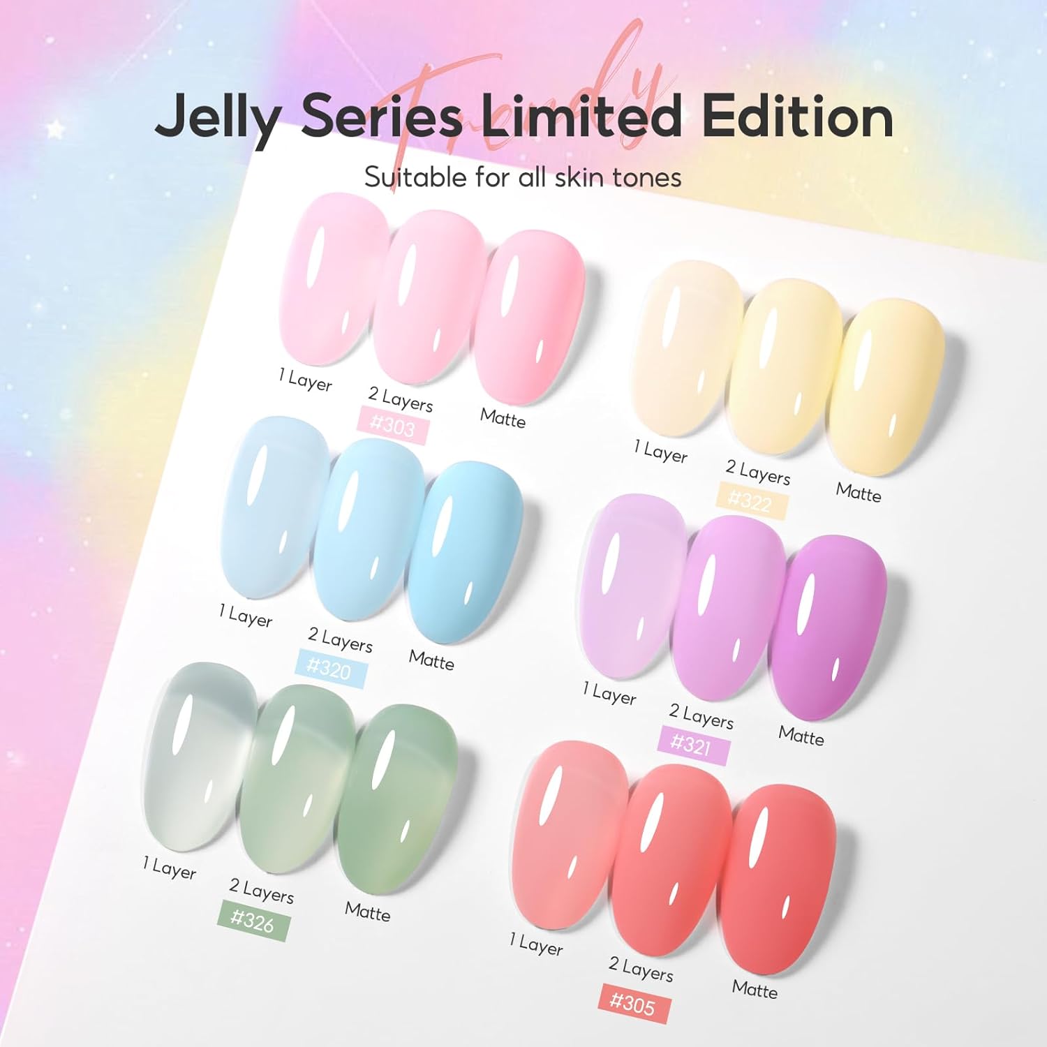 Thumbnail 1 de PEACECOLOR Vernis semi permanent Jelly – kit de 6 couleurs transparentes (rose, jaune, vert, bleu, violet, lila)