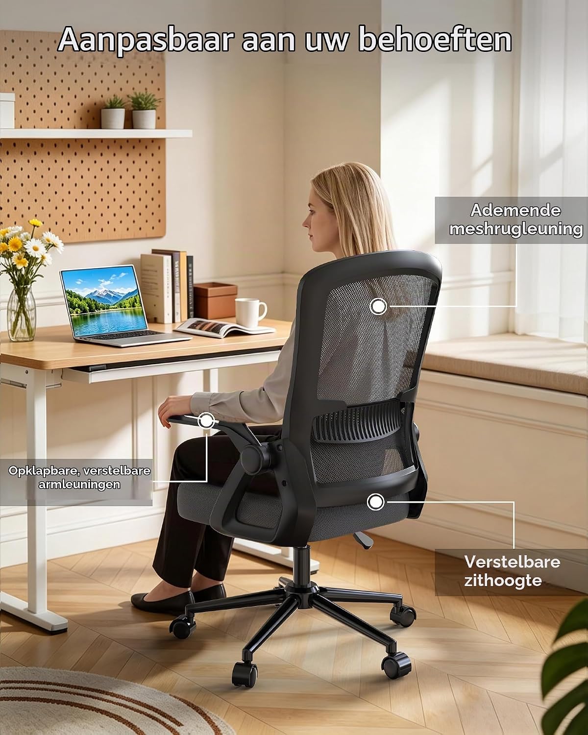 Detalle de naspaluro M ergonomische bureaustoel met mesh, lendensteun en opklapbare armleuningen