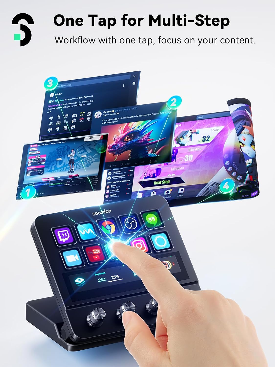Detalle de SOOMFON CN003 Stream Controller with 10 Macro Keys, Touch Strip and 4 Dials