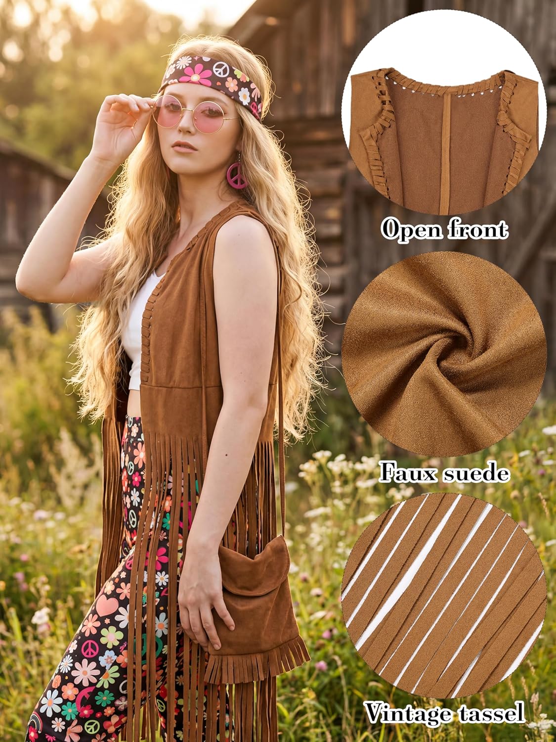 Detalle de SOMSOC 7-Piece Women's 60s & 70s Hippie Costume Set with Fringe Vest