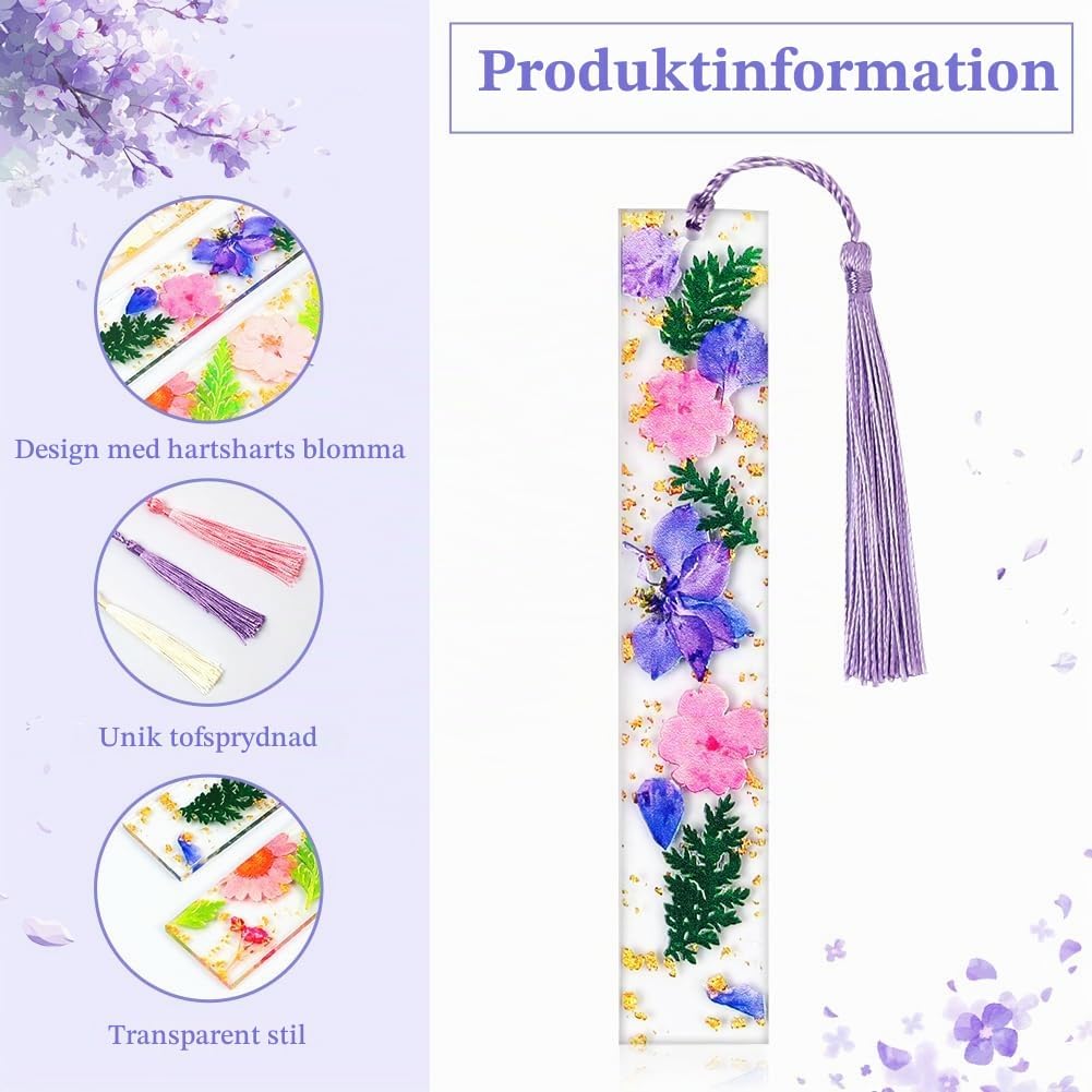 Thumbnail 2 de AUAUY bokmärken i harts, 3-pack med transparent blommotiv och tofsar