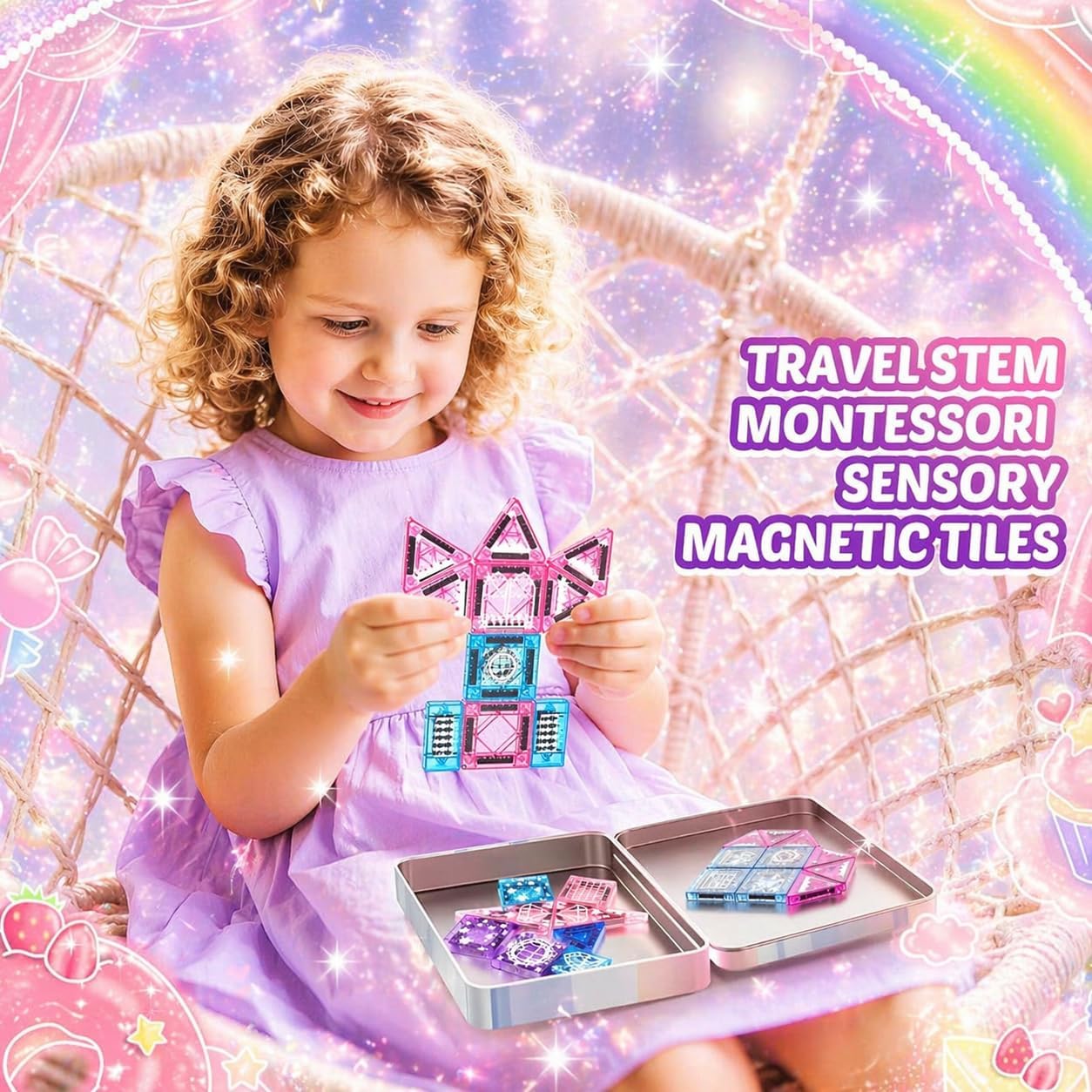 Detalle 2 de Travel Magnetic Tiles for Kids 43 Pcs: Mini Magnatiles Travel Set