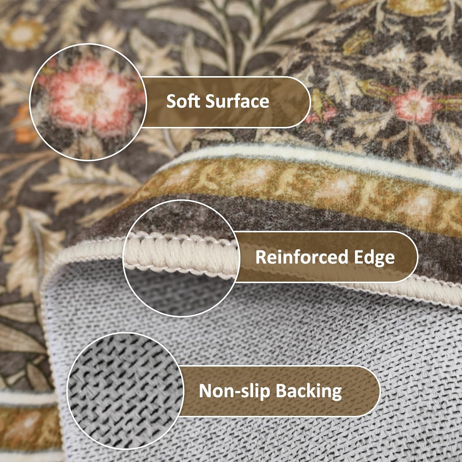 Thumbnail 6 de Dadasgk Vintage Washable Area Rug, 8' x 10', Gold Brown Floral Faux Wool