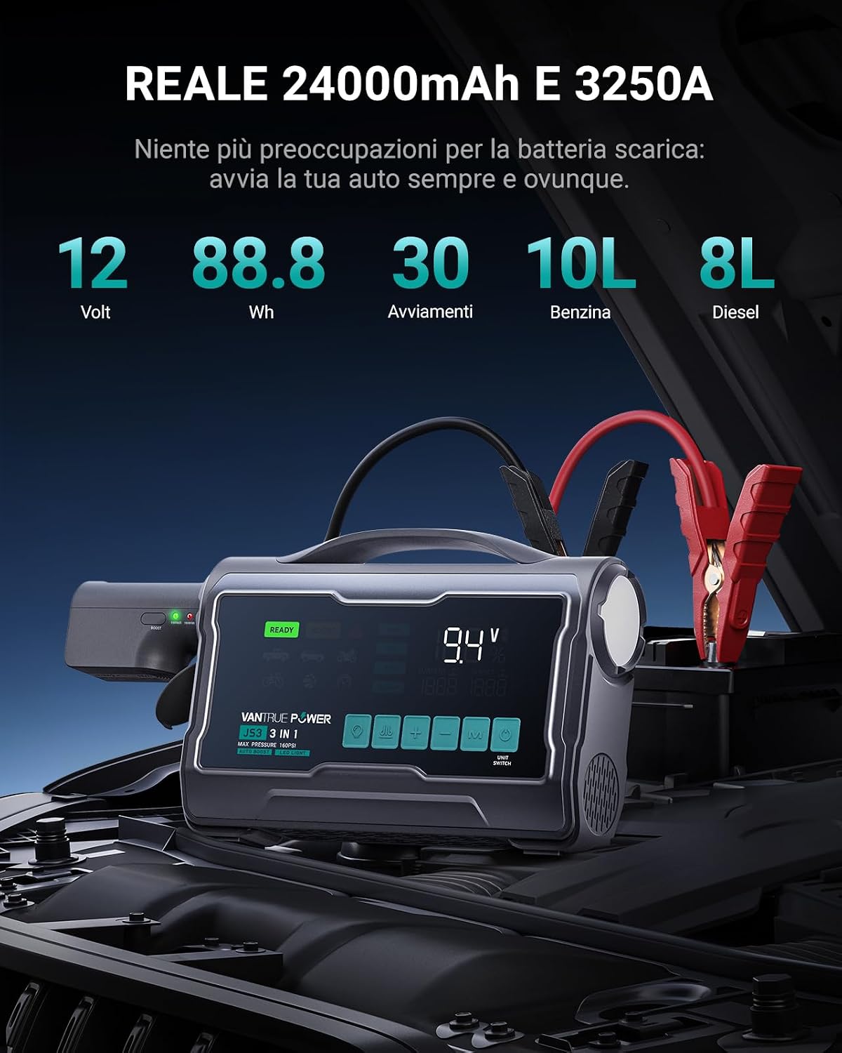 Detalle de JS3 3250A Avviatore con Compressore d'Aria 160 PSI: potenza, autonomia e utilità tutto-in-uno
