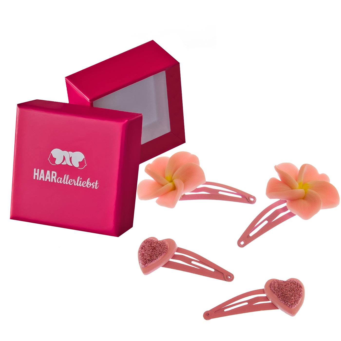 Haarallerliebst Haarspangen Set Kinder – 4 Stück Blumen/Herz mit Glitzer, pink, inkl. Aufbewahrungsbox