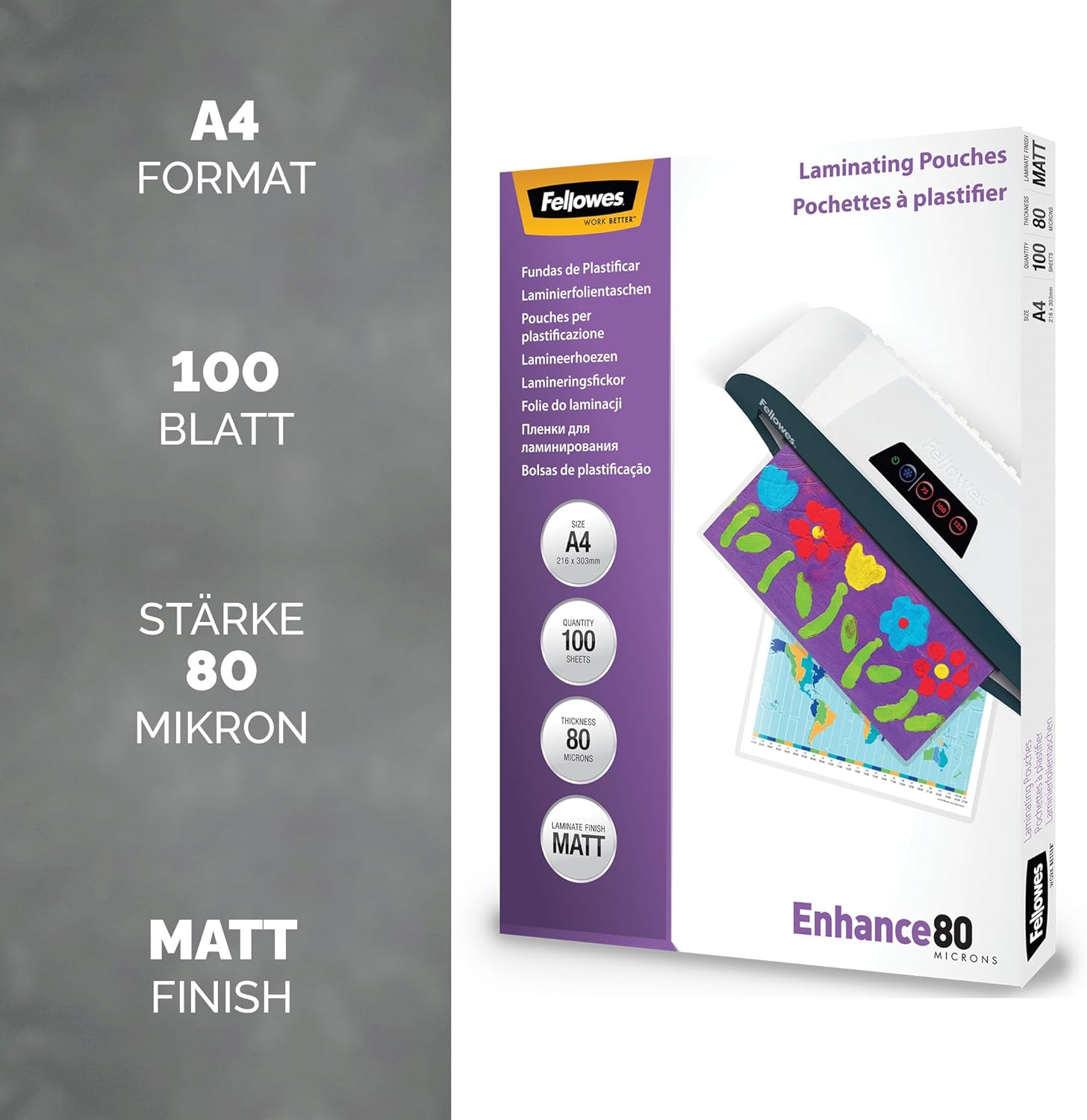 Thumbnail 1 de Fellowes A4 matte Laminierfolien (2×80 Mikron) für Heißlaminiergeräte – entspiegelt, 100 Stück
