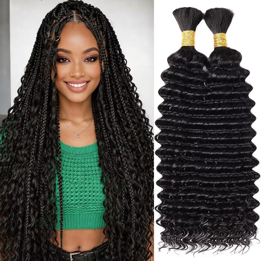 Detalle de Boho Hair for Braiding: 2 Bundles of 100g 16-Inch Curly Virgin Brazilian Remy Hair (Natural Black) for Knotless Boho Styles