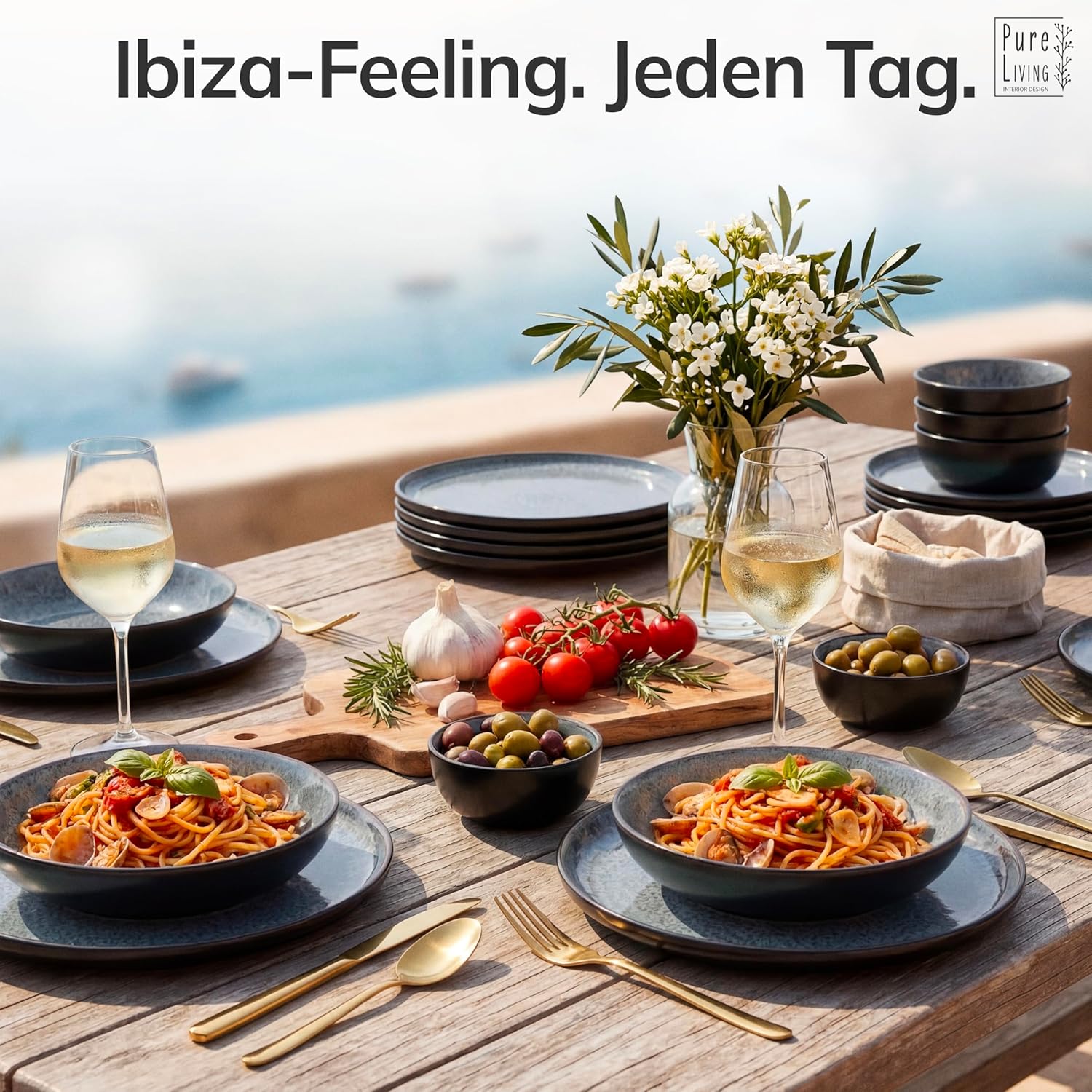Detalle de Steingut Teller Groß für 6 Personen – Ibiza TESTSIEGER | Pure Living in Grau