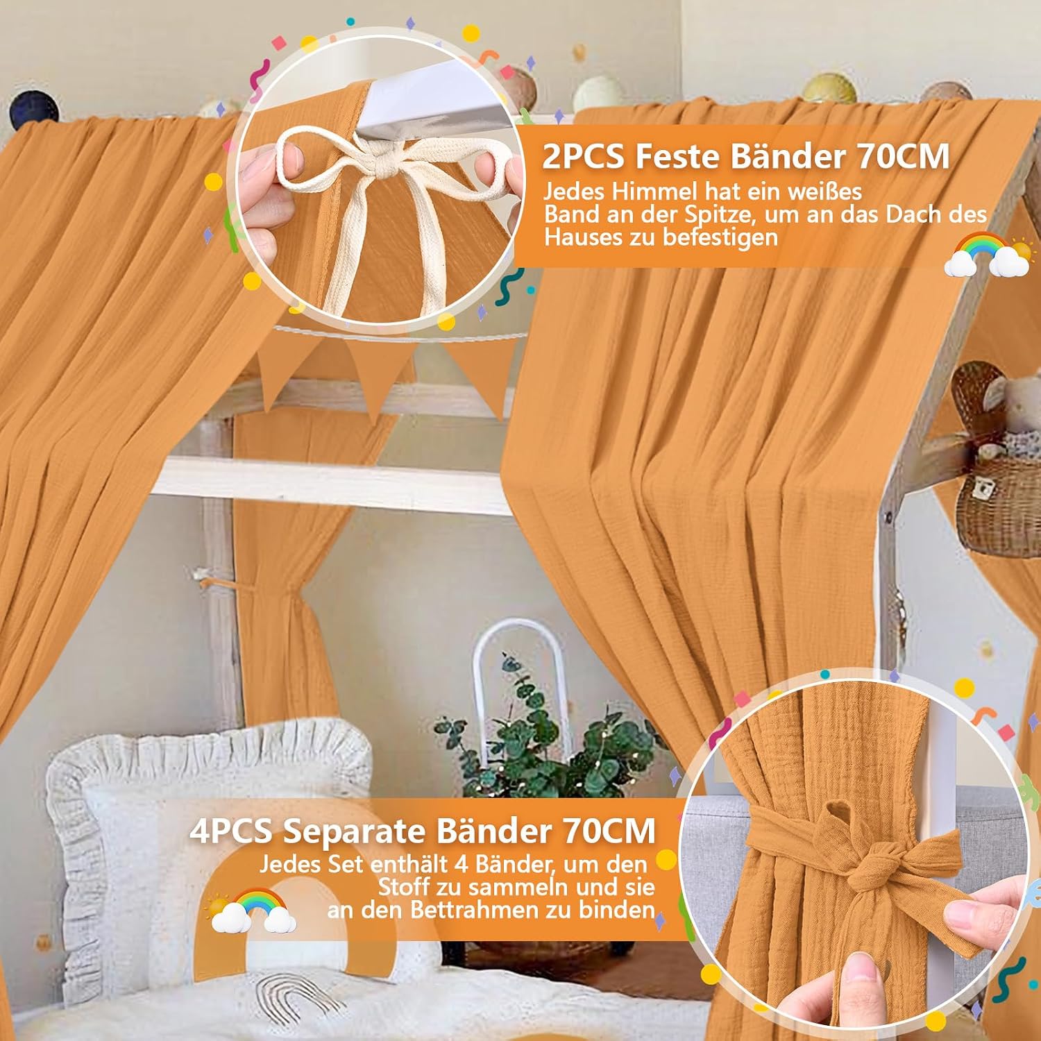 Thumbnail 4 de Alishomtll Hausbett Himmel Set – 2 Betthimmel 67x320cm + Wimpelkette, Senfgelb