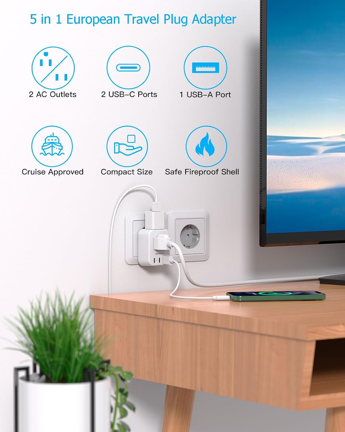 Detalle de HANYCONY European Travel Plug Adapter (US to Most Europe) with 2 USB-C Ports, 2 Outlets, 2-Pack