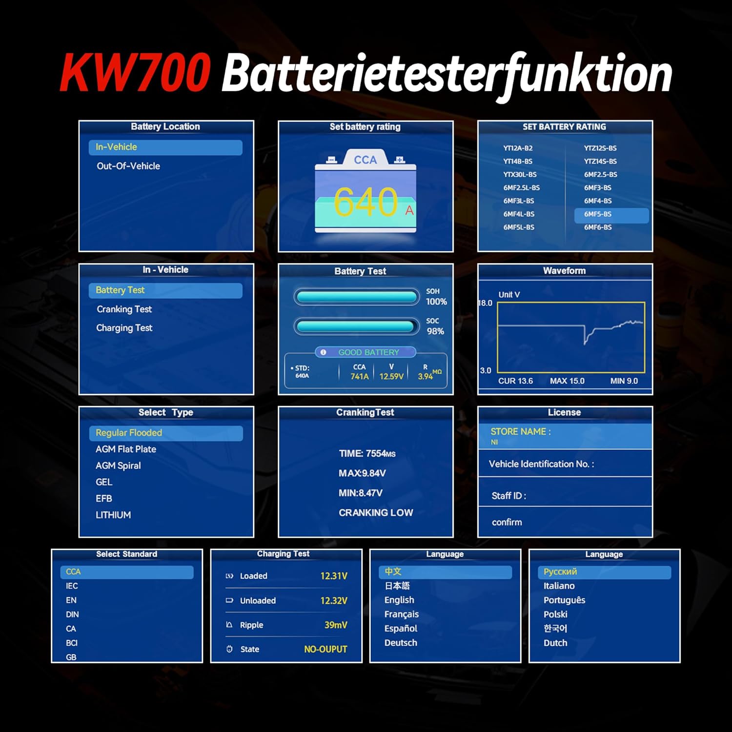 Detalle 2 de KONNWEI KW700 Autobatterietester mit Drucker für 12 V/24 V (Anlass- und Ladetest, 10–2000 CCA)