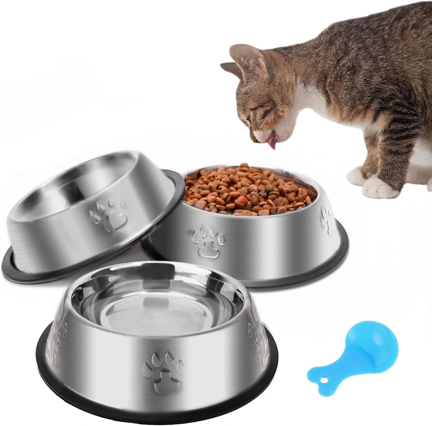 Detalle de Stainless Steel Cat Bowls 3-Pack with Rubber Base (Metal Food & Water Dishes)