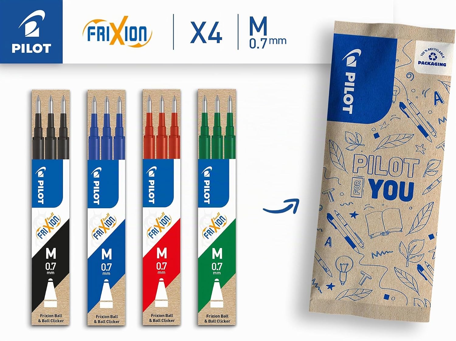 Detalle de Pilot - 4 Set di 3 Ricariche FriXion: 12 Ricariche per Penne Cancellabili 0,7 mm (Nero/Blu/Rosso/Verde)