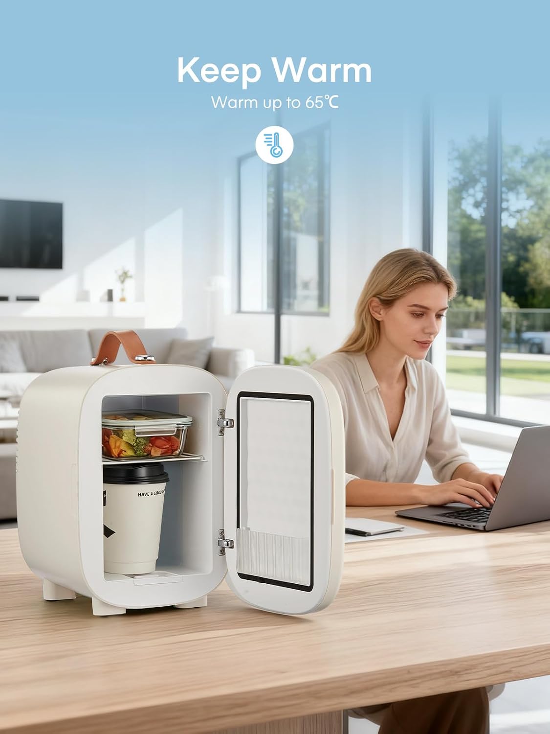 Detalle de FOHERE Mini Nevera 5L CA/CC, Silenciosa, 6 Latas y 2 Enfoques de Temperatura – Blanca
