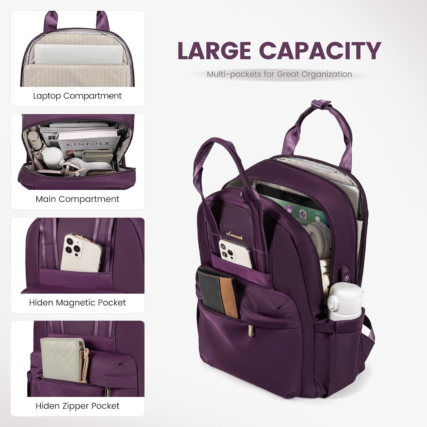 Thumbnail 1 de LOVEVOOK Laptop Rucksack Damen 15,6 Zoll – Wasserdicht, USB-Ladeanschluss, Reiserucksack, Dunkelviolett