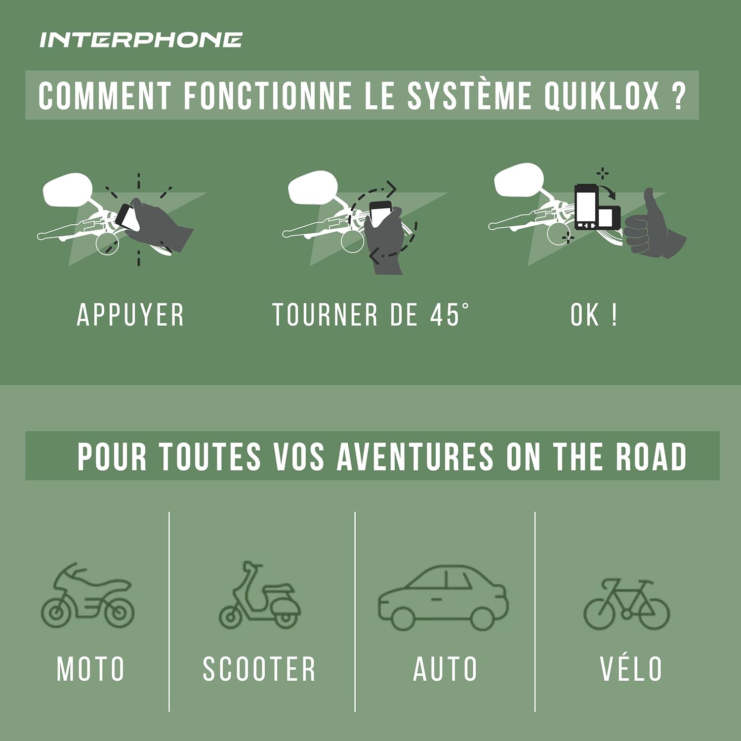 Detalle de Interphone QUIKLOX Support téléphone vélo – Support smartphone fiable pour guidon 22–31,8 mm