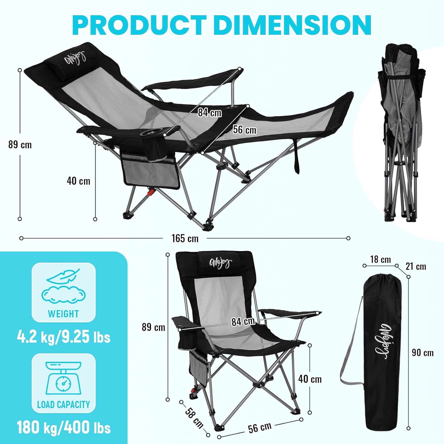 Thumbnail 1 de #WEJOY sedia da campeggio pieghevole 2 in 1 con schienale regolabile e poggiapiedi (fino a 180 kg)