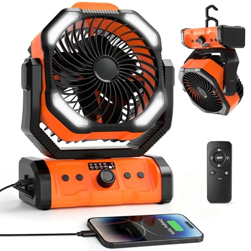Detalle de ELZO Camping Ventilador 20000mAh: ventilación portátil con luz, mando y gancho para exterior