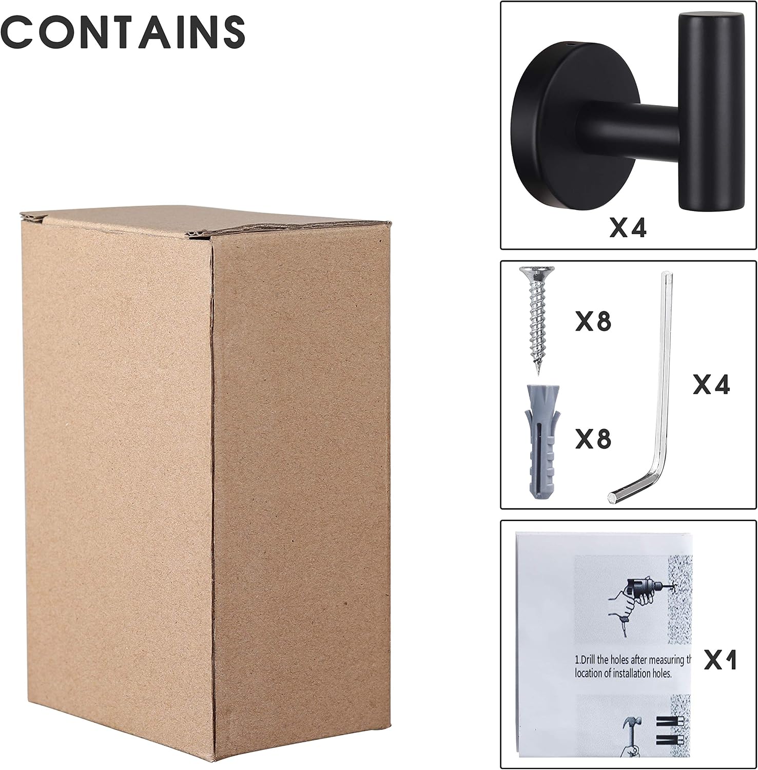 Detalle de Homagic 01 Wall-Mounted Towel Hooks, Black Stainless Steel, 4-Pack