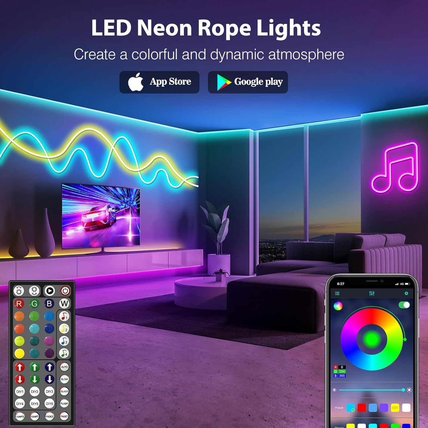 Detalle de AILBTON 30m Flexible LED Rope Lights with App/Remote, Music Sync and IP65 RGB Neon Strip