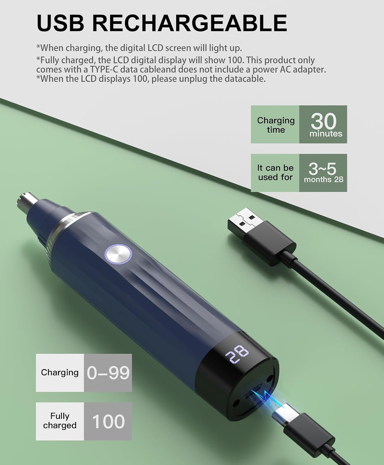Detalle de TXWDFHL Rechargeable Nose and Ear Hair Trimmer with LED Display, 2 Heads