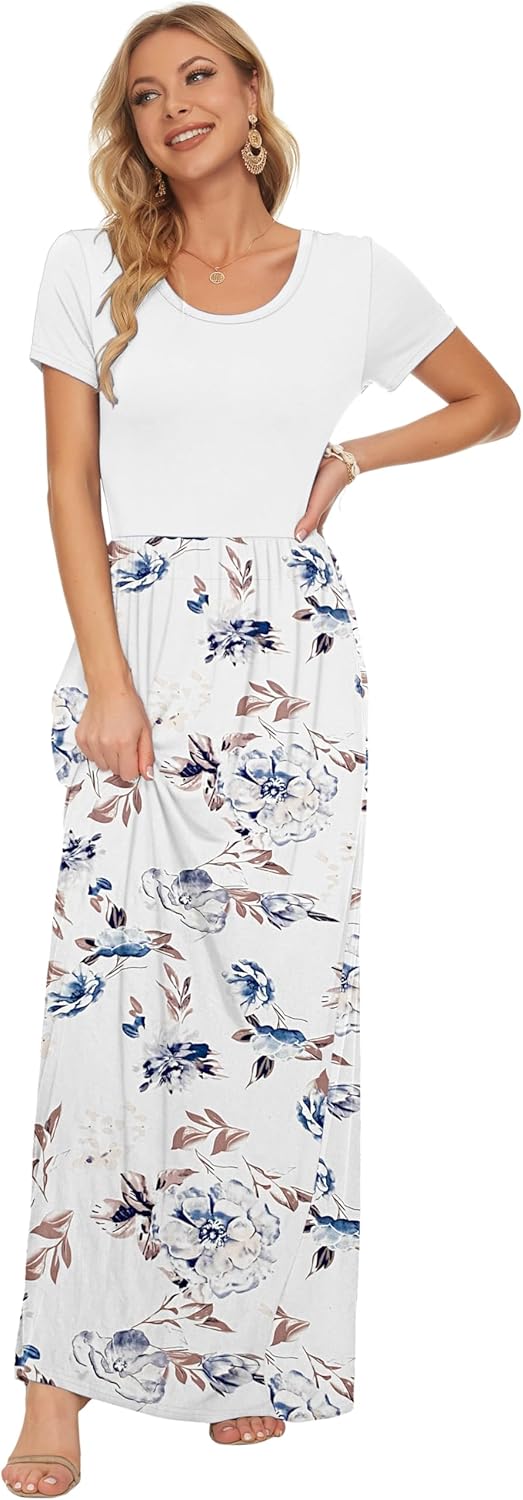 Detalle de AUSELILY Damen Kurzarm Sommer Casual Long Maxi Kleid mit Taschen – Vielfältig einsetzbar