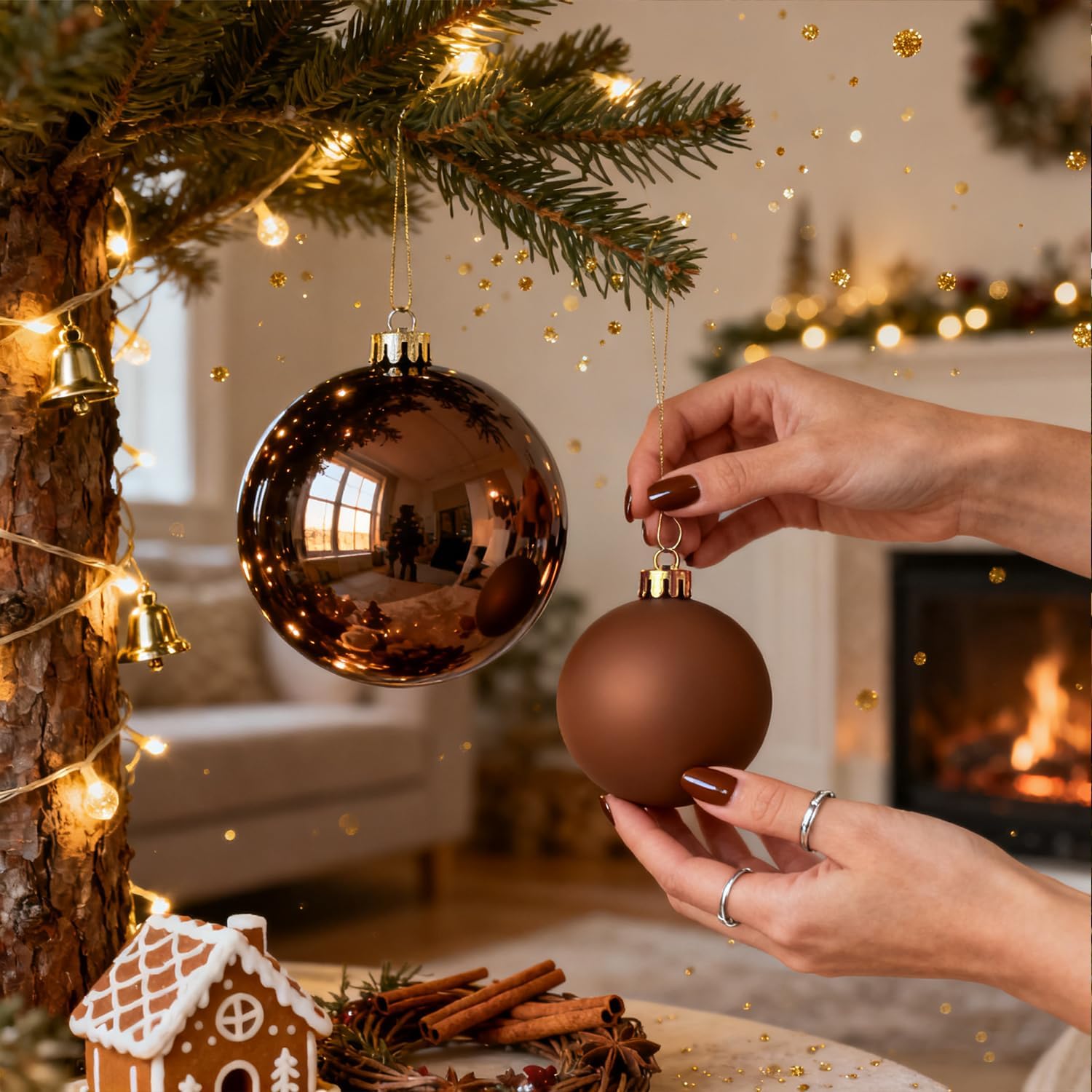 Detalle de JHWELRG® Weihnachtskugeln Set (101-teilig) in Bronze, matt & glänzend, Kunststoff- Christbaumschmuck mit Bändern und Box
