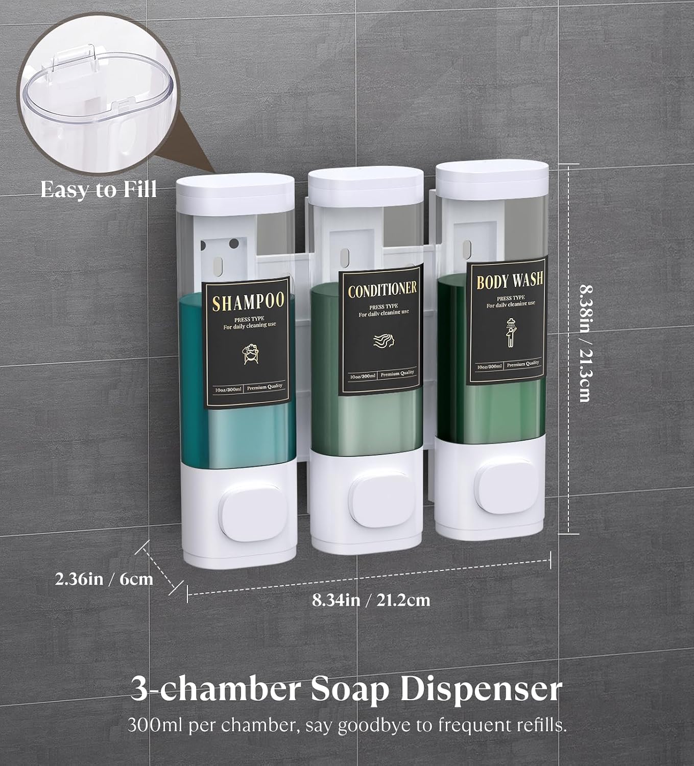 Thumbnail 3 de Luxspire 3-Chamber Wall Mounted Shampoo & Conditioner Dispenser (No-Drill), White
